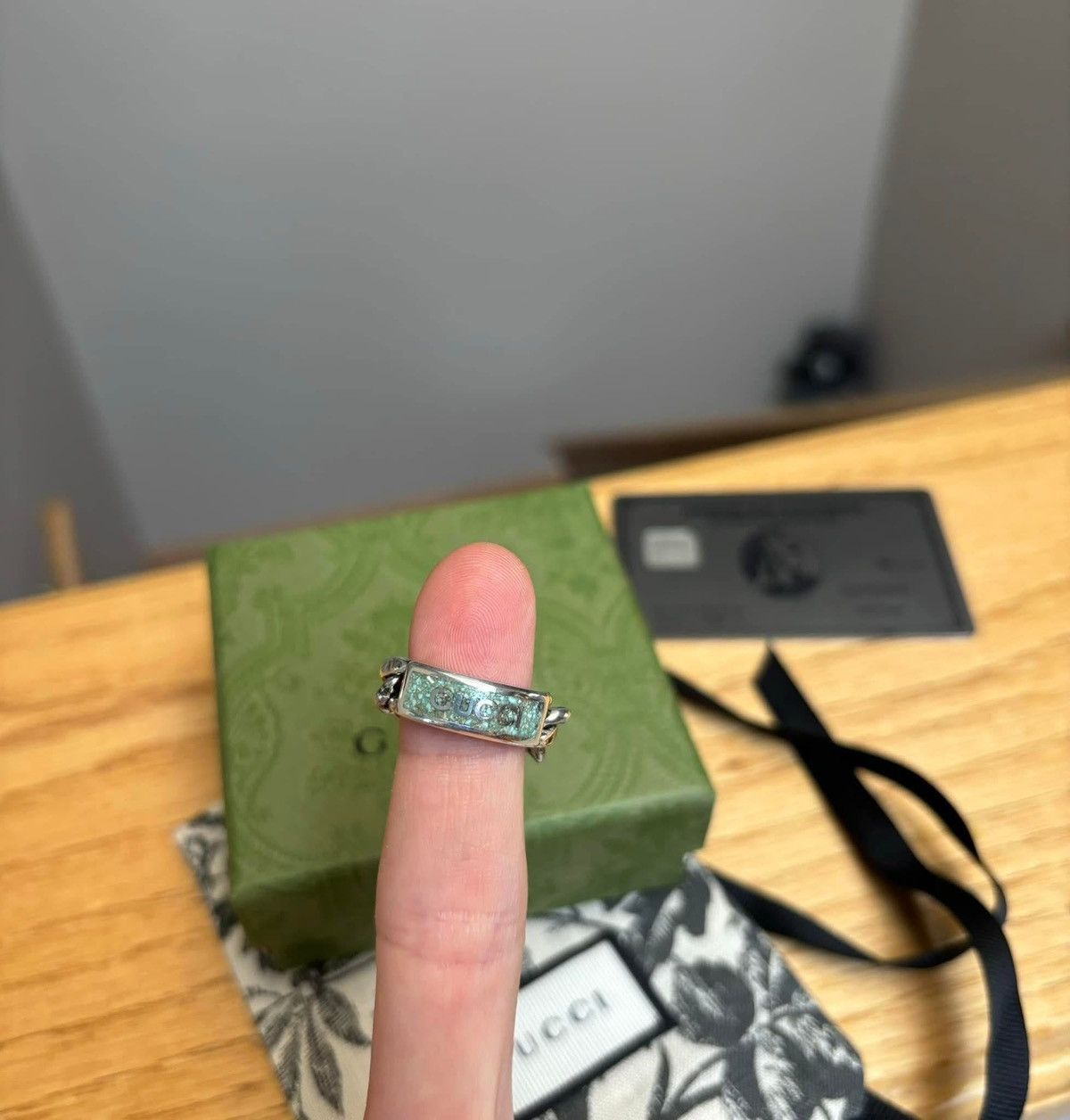 Gucci Gucci Silver/Tiffany Marbled Enamel Cuban Ring - Size: 15IT Size ONE SIZE - 4 Thumbnail