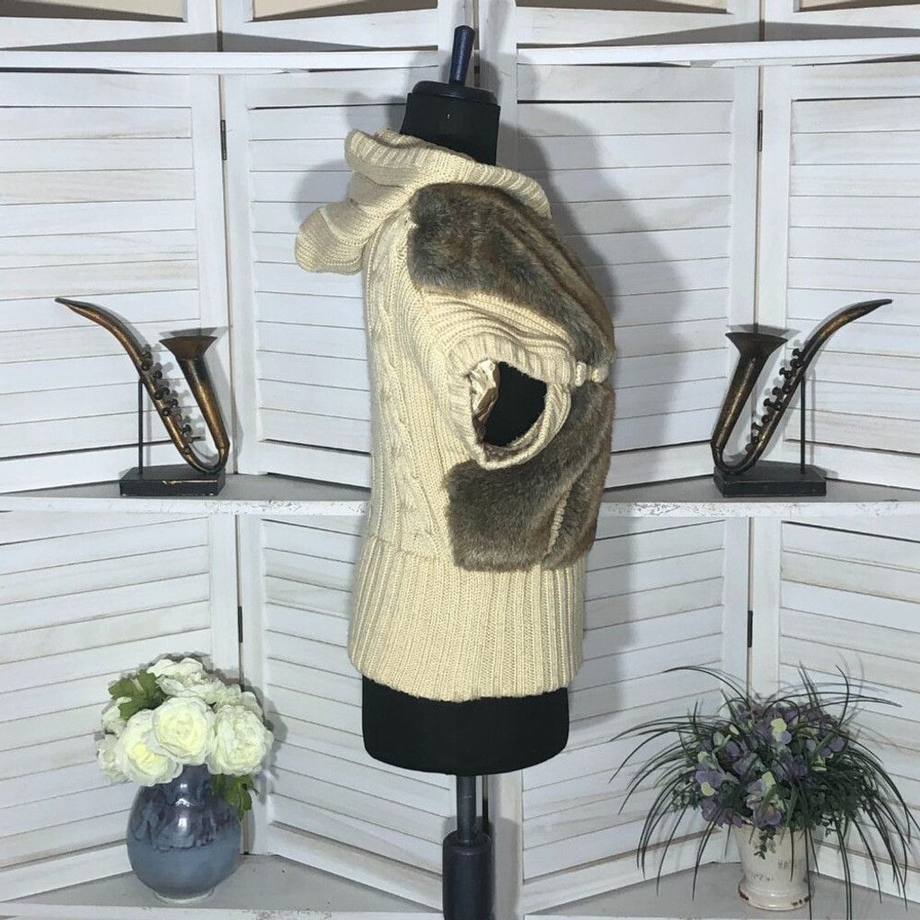 Vintage 90s Y2K Faux Fur vest wool brown beige cable knit w/ hood S Size S / US 4 / IT 40 - 3 Thumbnail