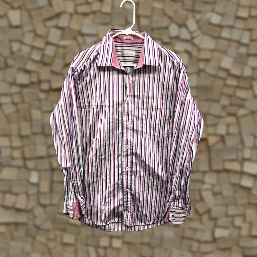 BUGATCHI Bugatchi Uomo Shirt XL Mens Long Sleeve Striped Pink Button-Up Collar Spread Collared Knit Polyester All Seasons Regular Casual Vintage No 90s? Size US XL / EU 56 / 4 - 1 Thumbnail