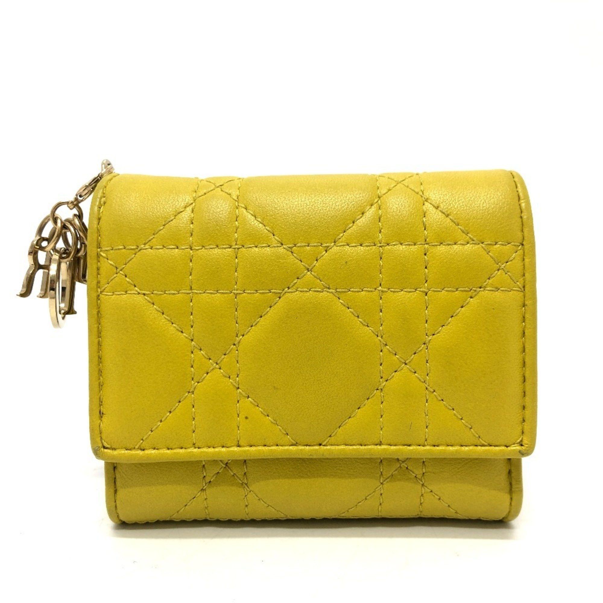 Dior Christian Dior Dior Lady Cannage Lotus Wallet Compact Tri-fold Leather Women's Yellow Gold Hardware Size ONE SIZE - 1 Thumbnail