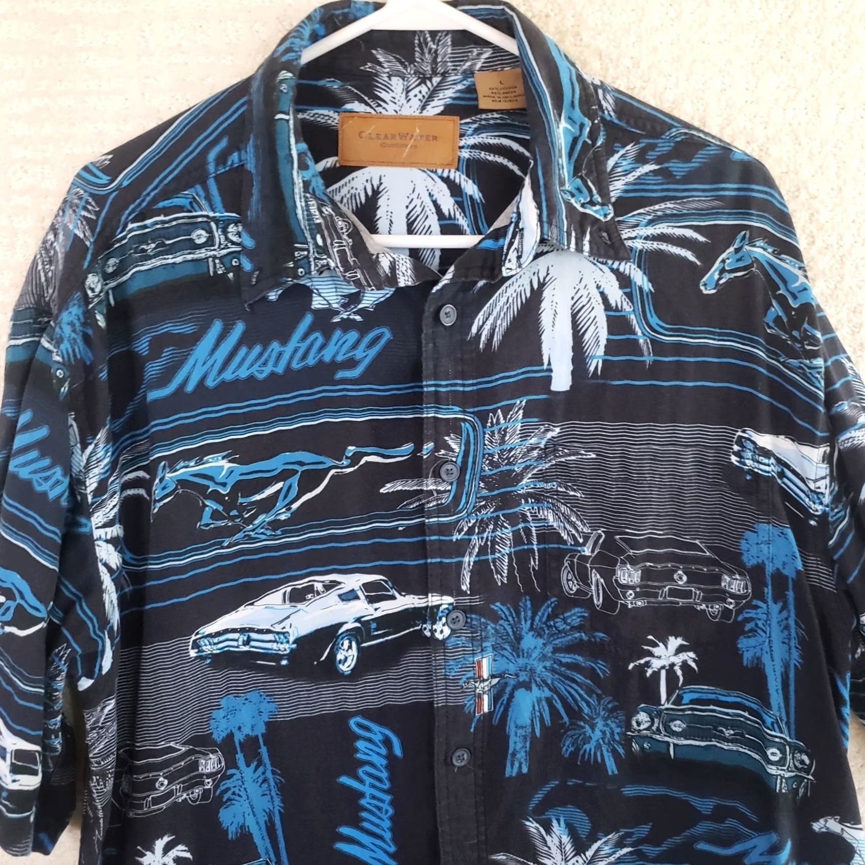 Ford VINTAGE Clear Water Outfitters Ford Mustang Hawaiian Short Sleeve Shirt Blue Black Mens L Family? Size US L / EU 52-54 / 3 - 3 Thumbnail