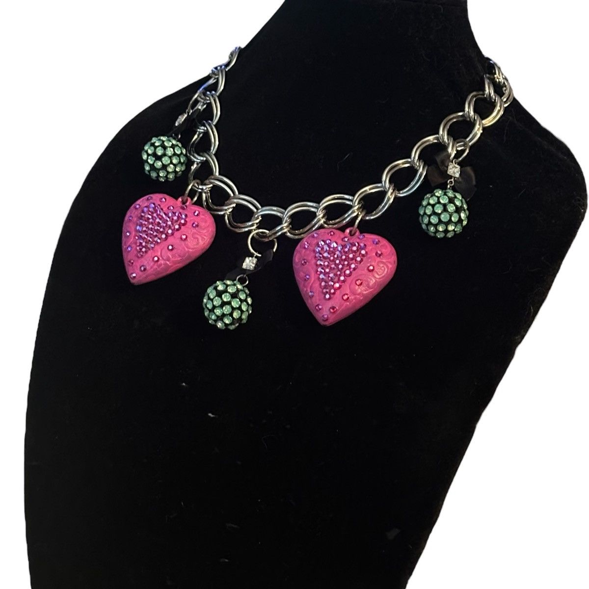 Other Chunky silver tone pink puffed rhinestone heart necklace Size ONE SIZE - 2 Thumbnail