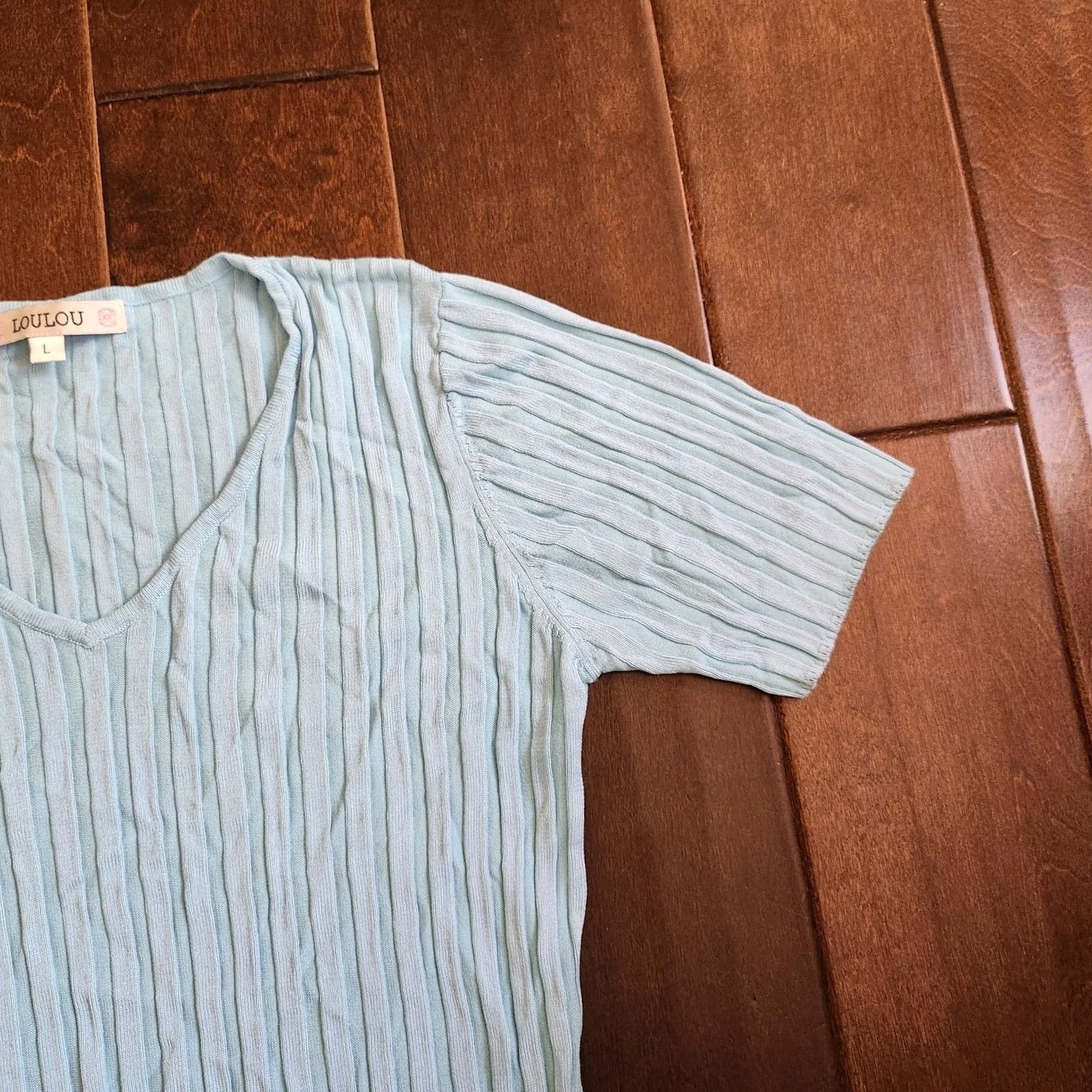 Vintage Lou Lou Women's Junior V-Neck Blue Ribbed Top Short Sleeve Pullover L Size L / US 10 / IT 46 - 4 Thumbnail