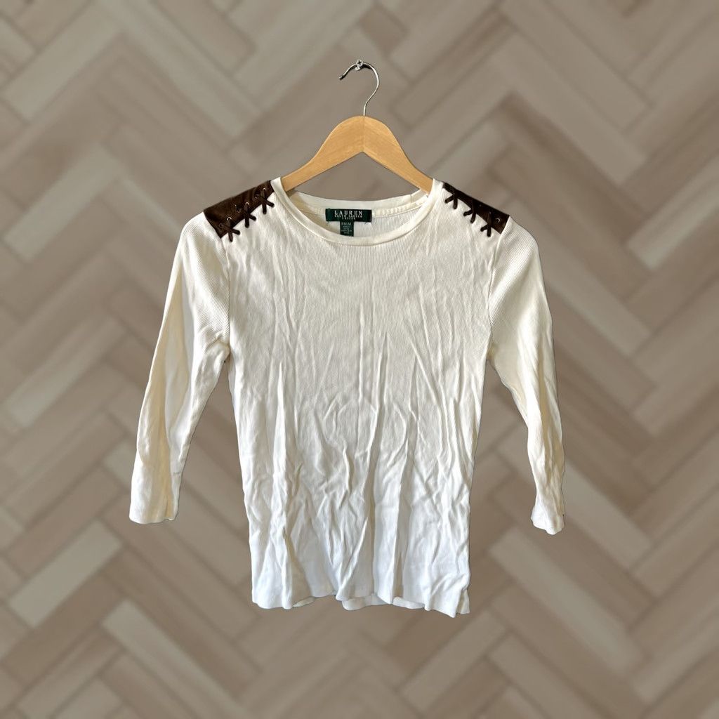 Ralph Lauren Ralph Lauren Petite M Beige Rib Knit Top Leather Zipper Shoulders Shirt Womens PM Beige Zipper Knit 100% Cotton Casual Business Size M / US 6-8 / IT 42-44 - 1 Thumbnail