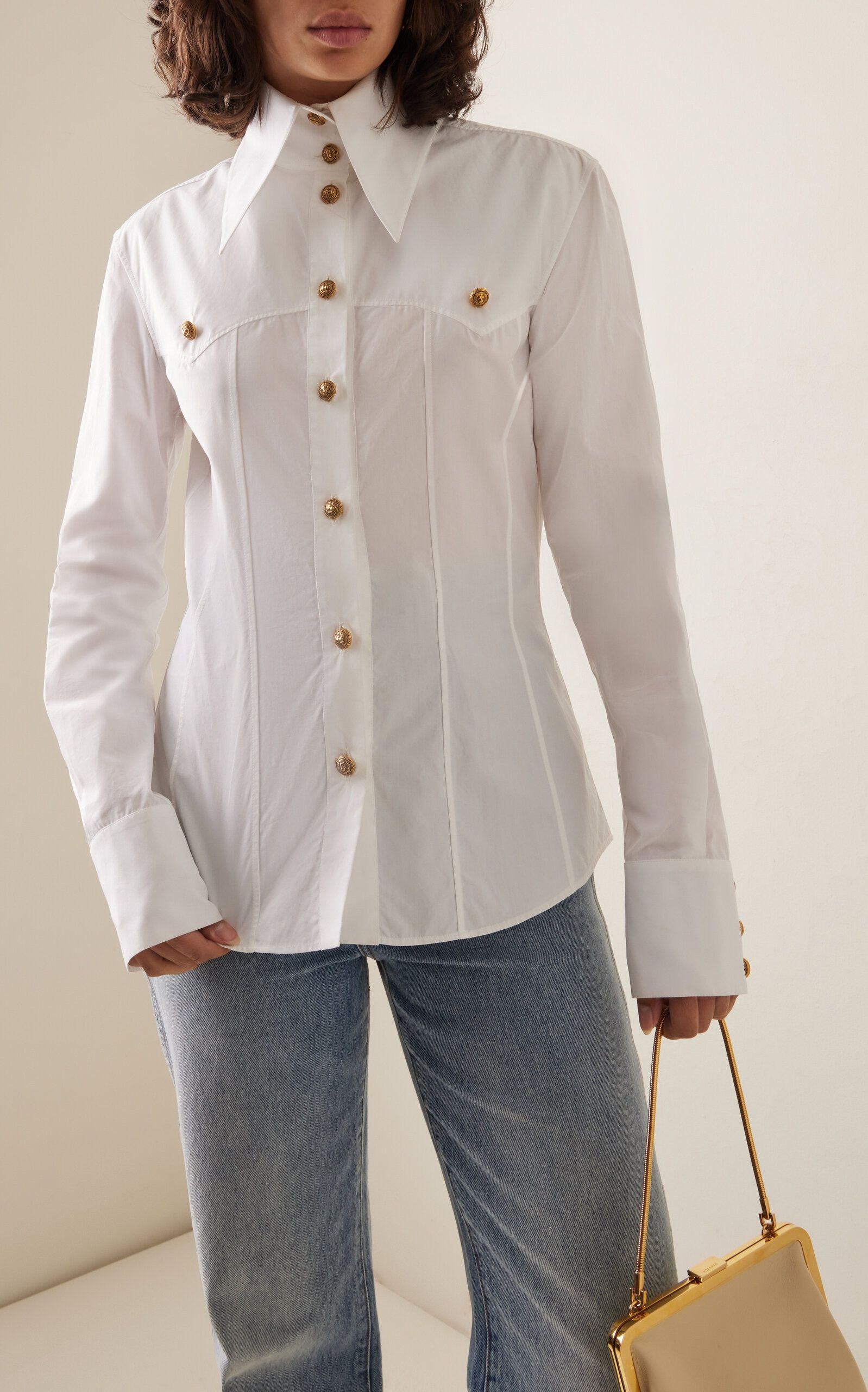 Balmain o1s1wg110825 Poplin Wester Shirt in White Size M / US 6-8 / IT 42-44 - 2 Thumbnail