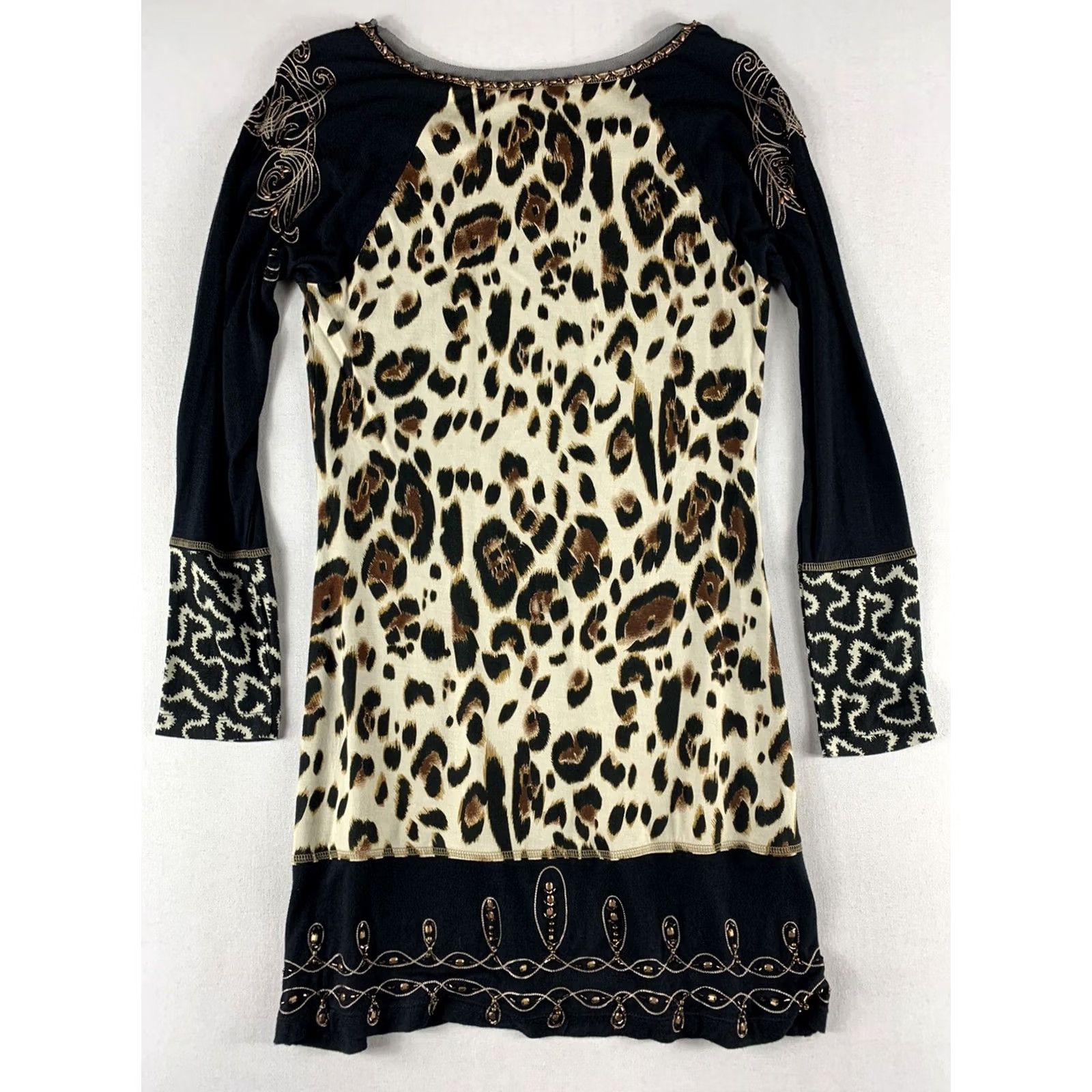Lee KRISTA LEE DRESS WOMENS SMALL LEOPARD PRINT BLACK BEIGE LONGSLEEVE RINESTONES - Business Casual Size S / US 4 / IT 40 - 5 Thumbnail