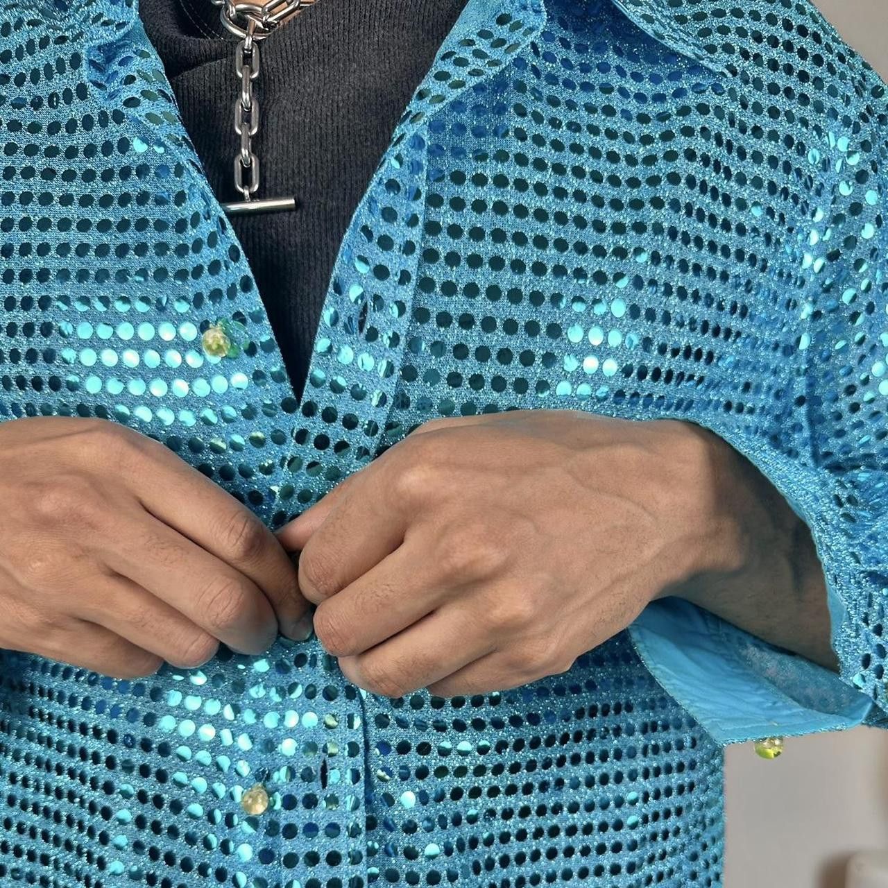 Acne Studios ACNE BLUE TURQUOISE BUTTON UP SEQUIN SHIRT _ SIZE 54 Size US XL / EU 56 / 4 - 3 Thumbnail