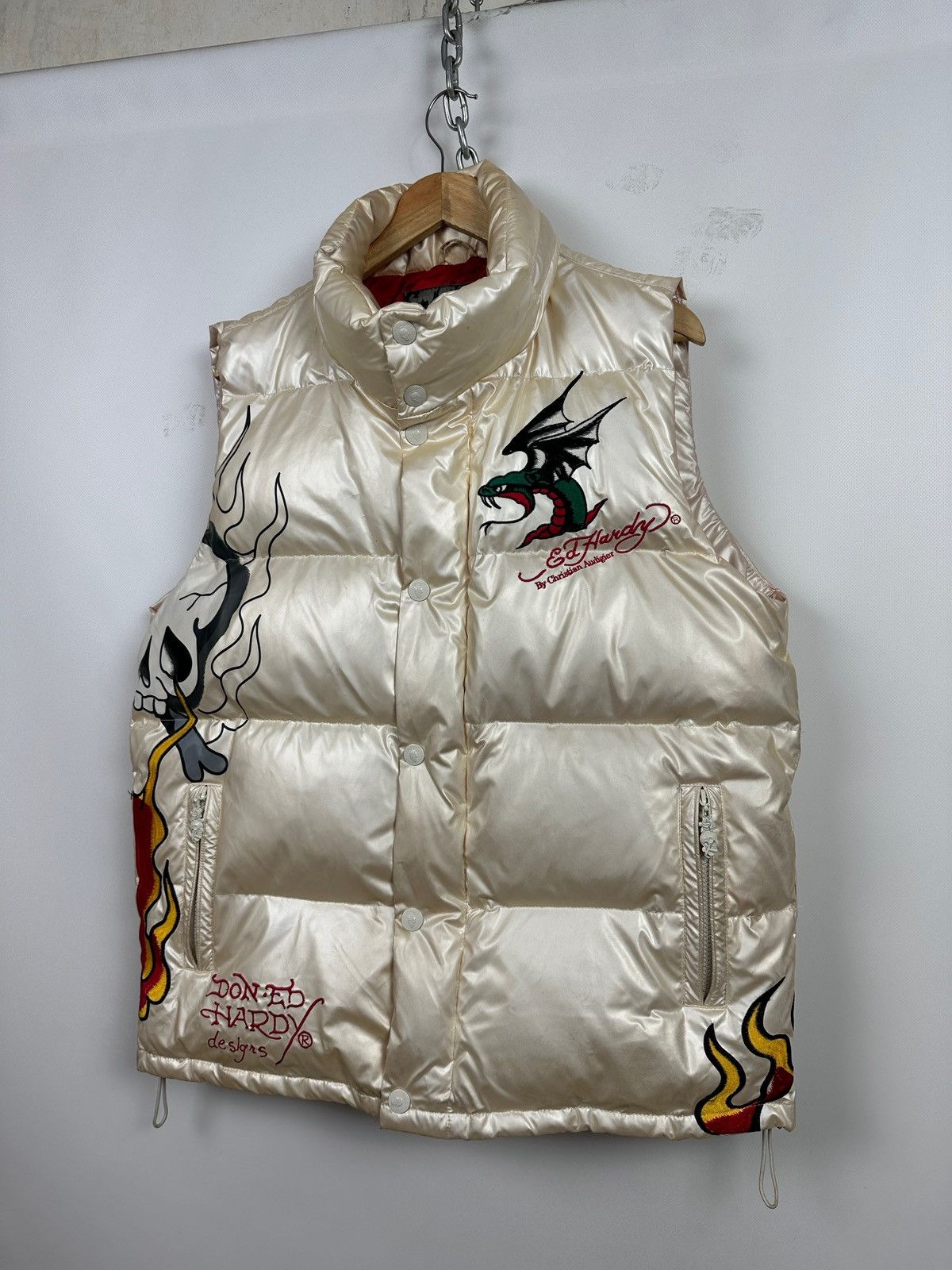 Christian Audigier Vintage Ed Hardy Flaming Skull Down Puffer Vest Size US L / EU 52-54 / 3 - 5 Thumbnail