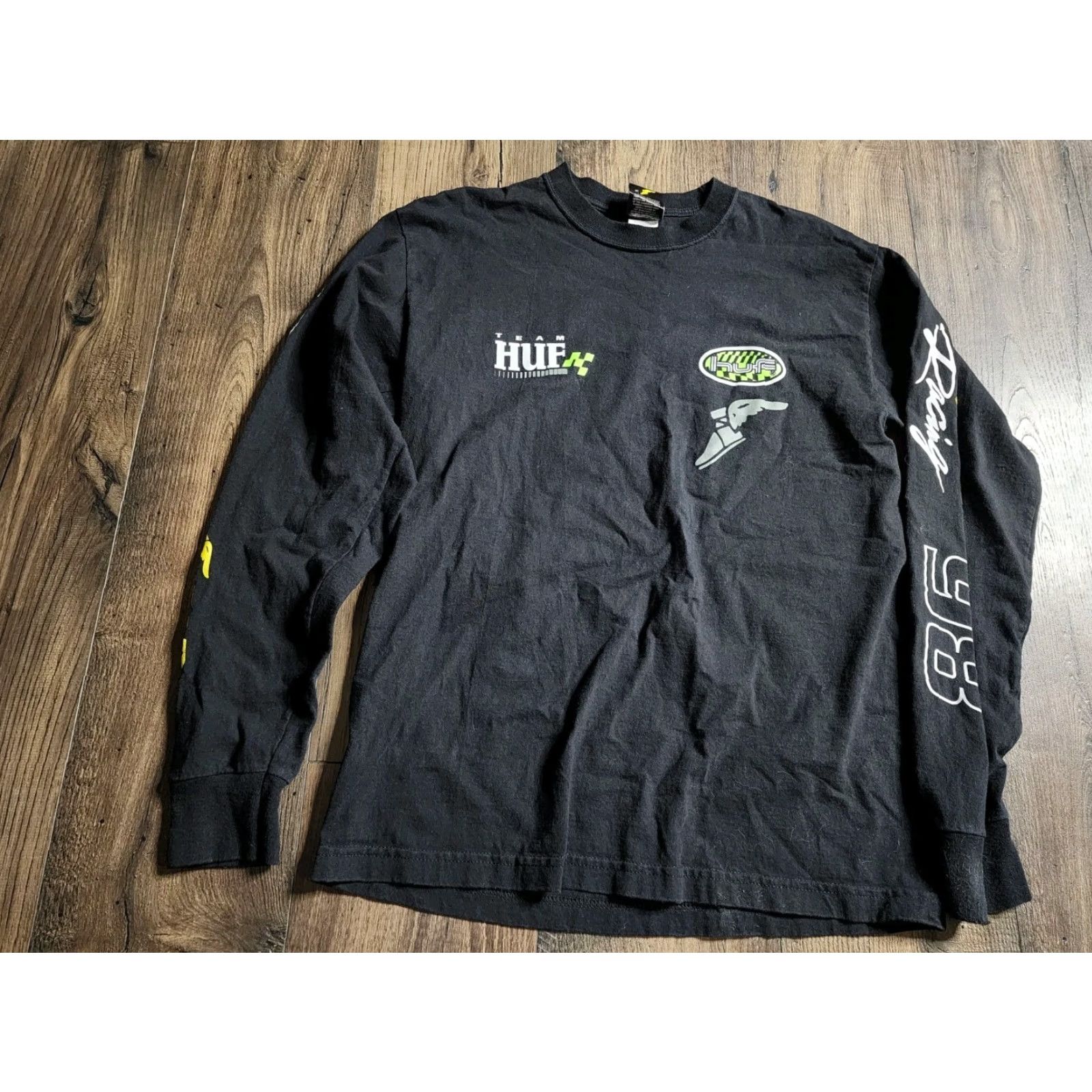Huf HUF X Goodyear Racing Performance Long Sleeved T Shirt Double Sided Mens M Black 100% Cotton Knit Crew Neck Graphic Tee Sports All Seasons Size US M / EU 48-50 / 2 - 2 Thumbnail