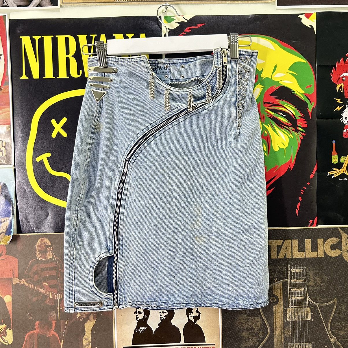 image of Designer Collection Vintage Les Voyous De Tramway Punk Stud Zipper Skirt in Blue Wash, Women's (Siz