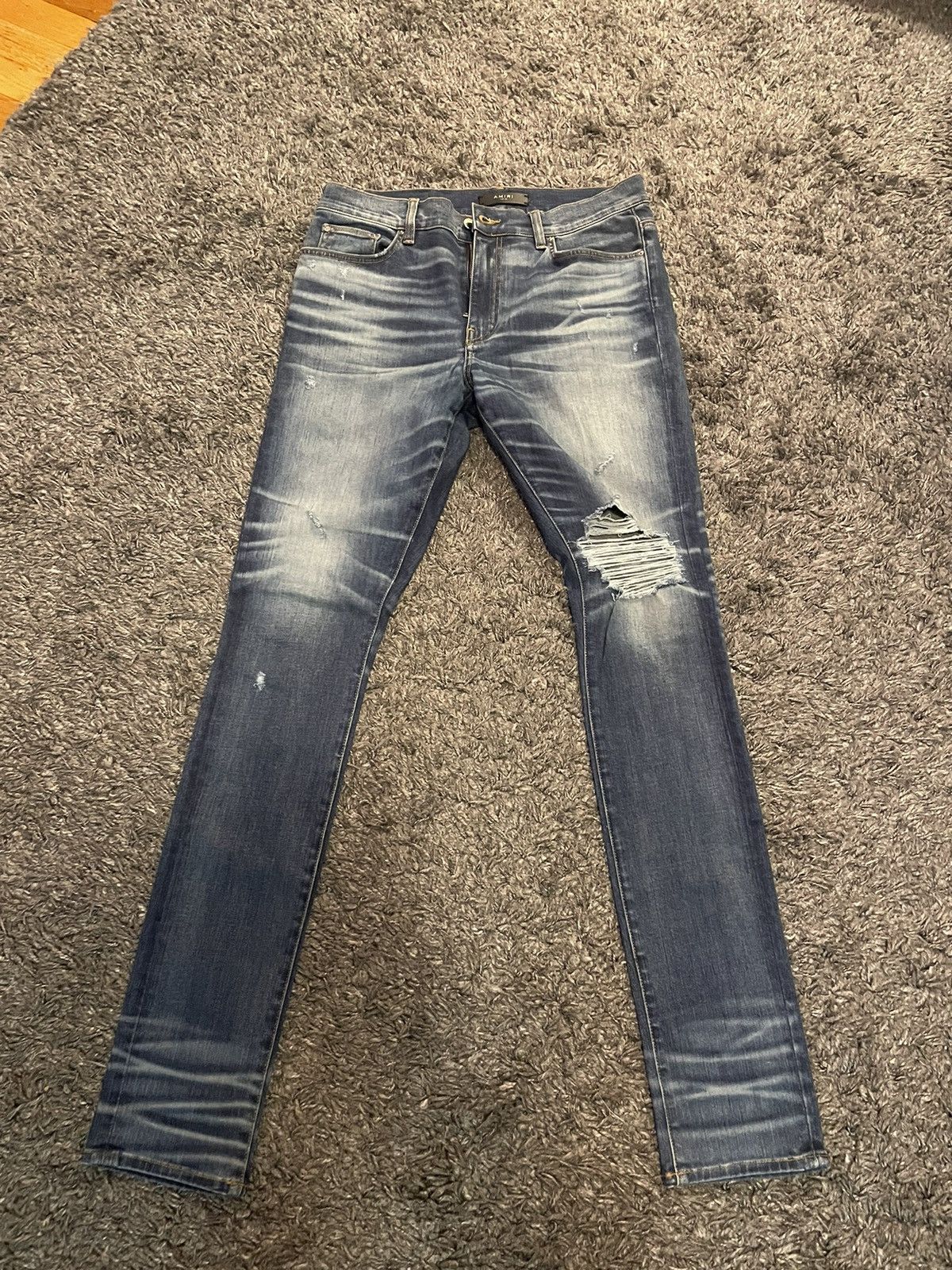 image of Amiri Distressed Blue Skinny Jeans Size 33, Men's