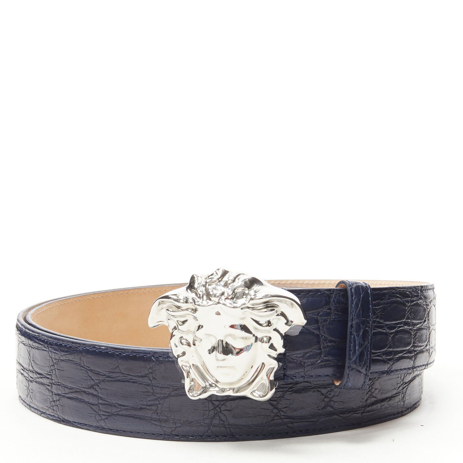 Versace VERSACE $1200 La Medusa silver buckle blue scaled leather belt 105cm 40-44" Size 40 - 1 Thumbnail