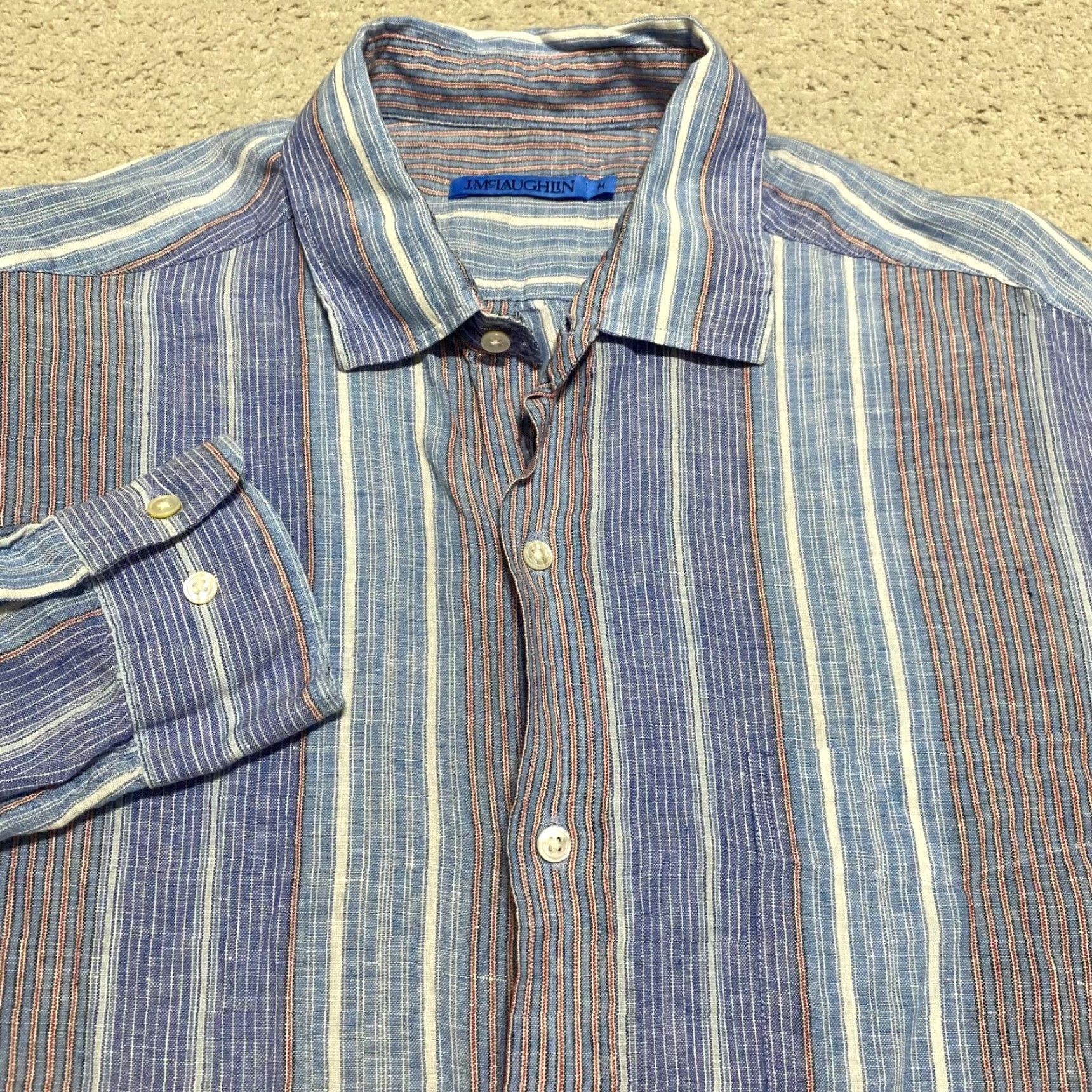 J.McLaughlin J. McLaughlin Shirt Mens Medium Multicolor Striped Button-Front Linen Size US M / EU 48-50 / 2 - 5 Thumbnail