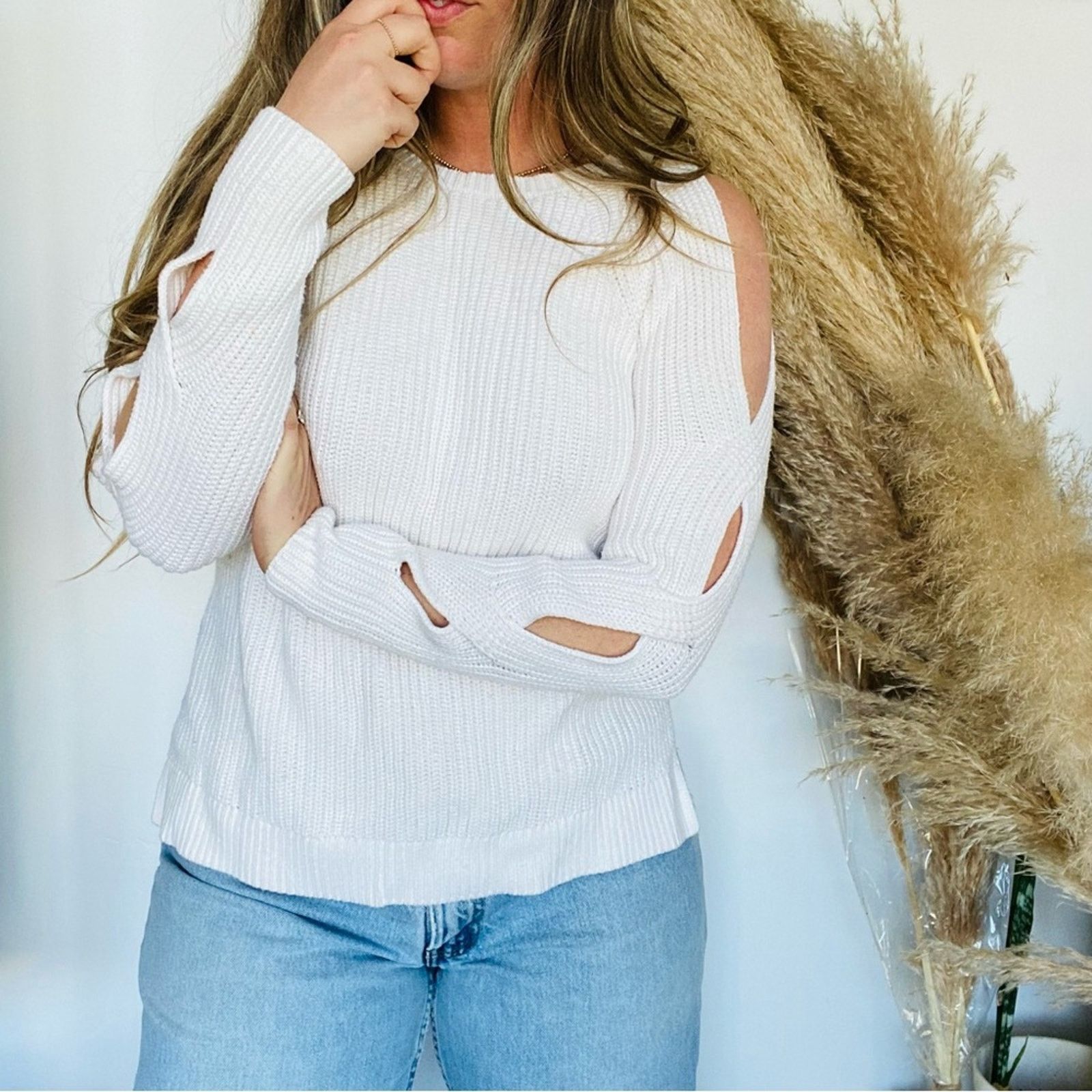 ANN TAYLOR LOFT White Cutout Open Chunky Knit Sweater