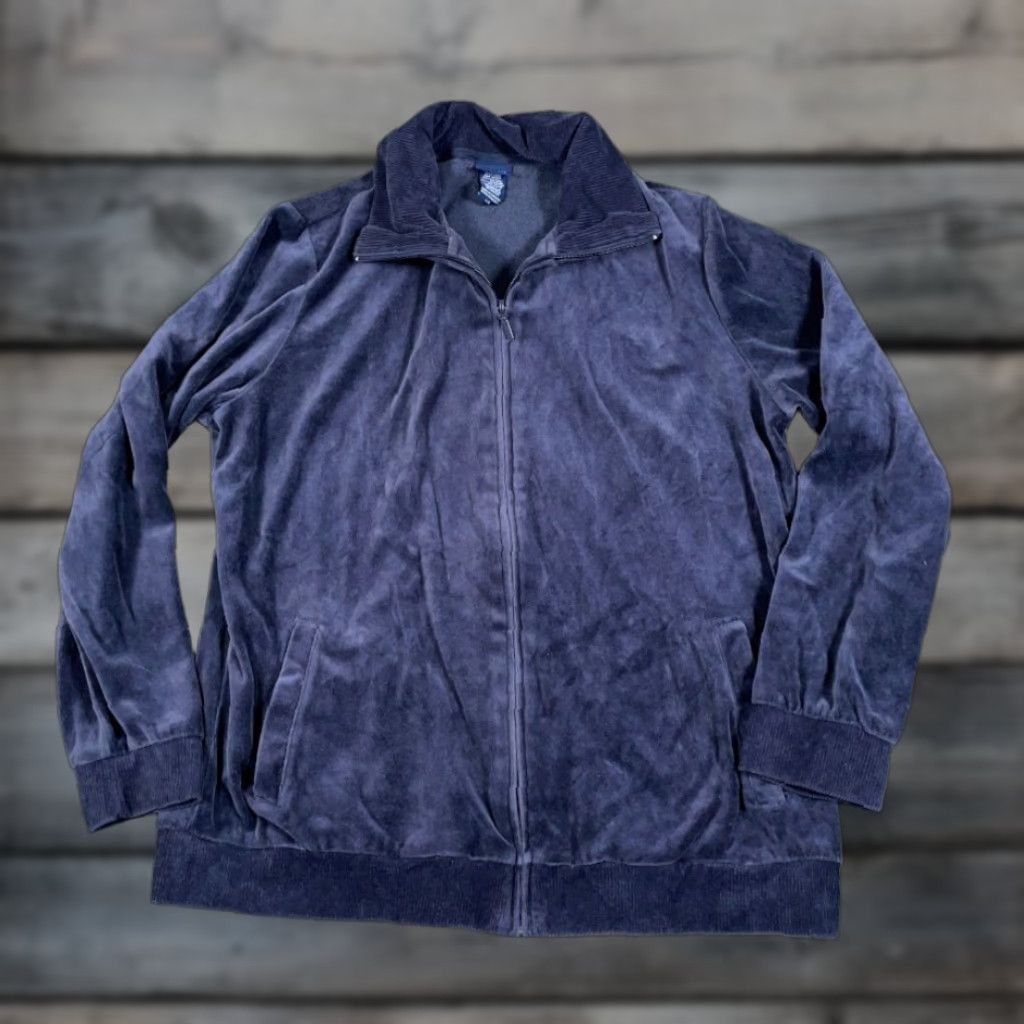 Basic Editions Retro Velour Zip Track Jacket Women's Large Dark Blue Lightweight Skater Mod Size L / US 10 / IT 46 - 1 Thumbnail