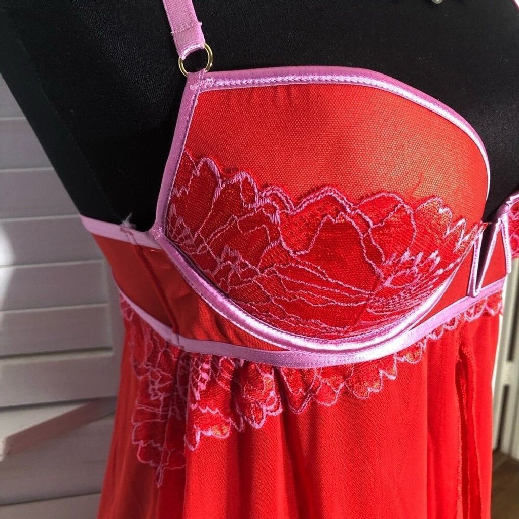 Vintage Auden Intimates Babydoll Padded bra Sheer Lace Mesh Red sz S Size ONE SIZE - 9 Thumbnail
