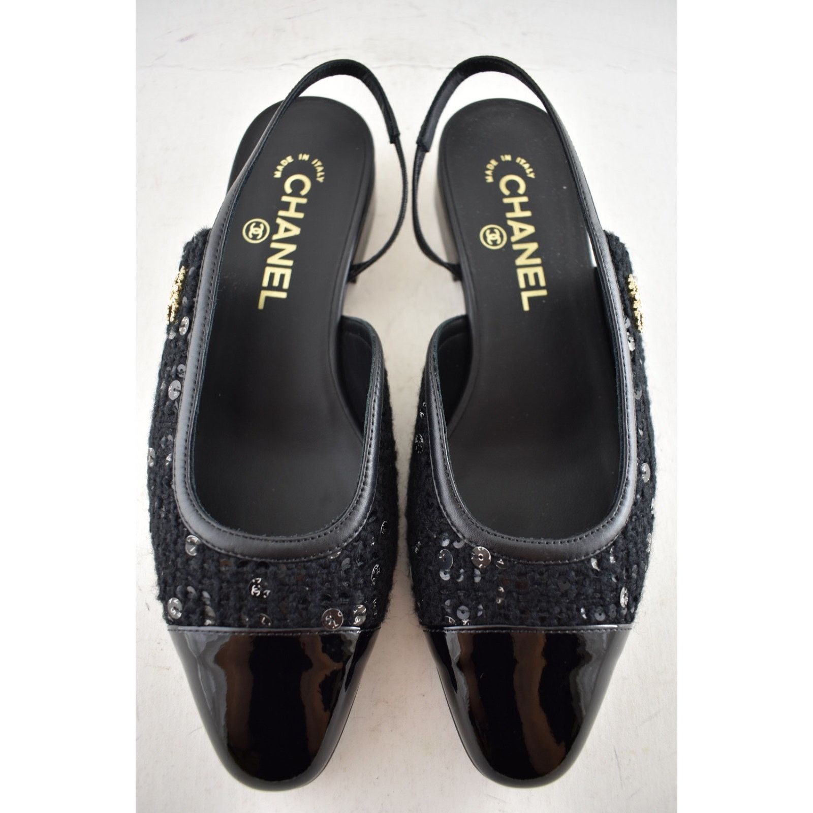 Chanel Chanel Black Wool Tweed Patent CC Slingback Flat 38 Size US 8 / IT 38 - 11 Thumbnail