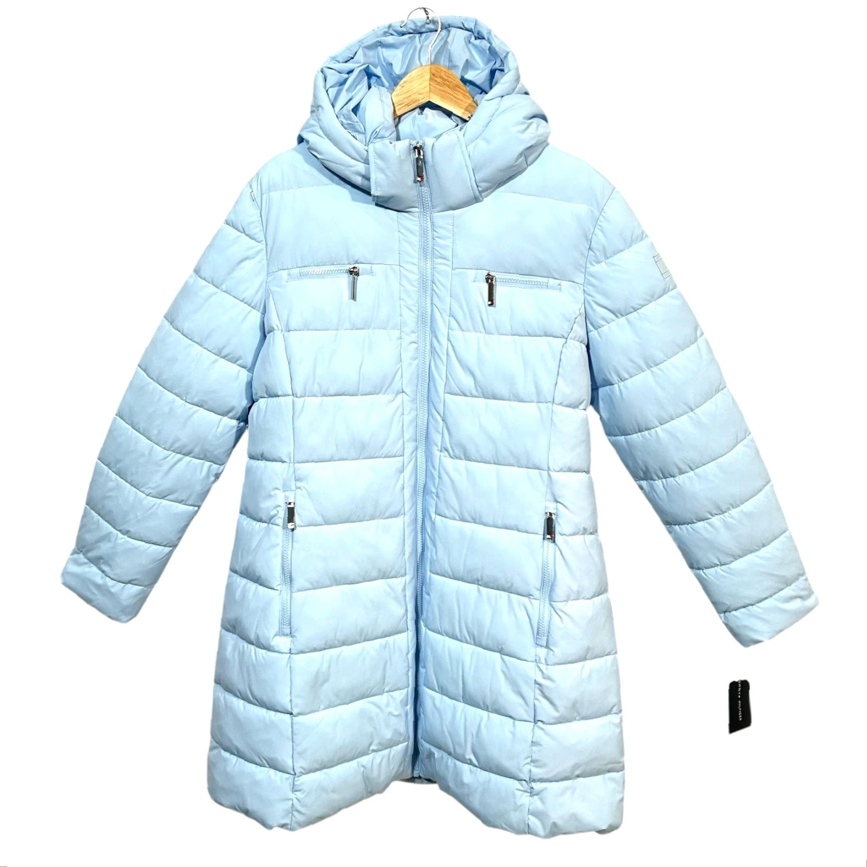 Tommy Hilfiger Tommy Hilfiger Womens Long Puffer Jacket Winter Coat XL Light Blue Zip Pockets Coat Womens XL Blue Quilted Hooded Removable Hood Puffer Jacket Size XL / US 12-14 / IT 48-50 - 3 Thumbnail