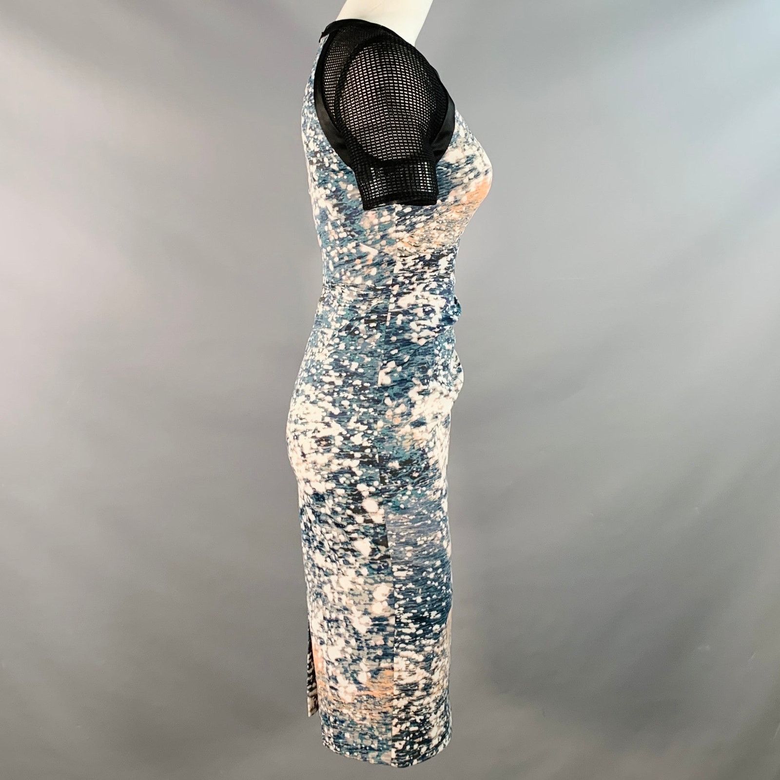 Karen Millen Black Green White Acetate Blend Abstract Mesh Sleeves Dress Size S / US 4 / IT 40 - 3 Thumbnail