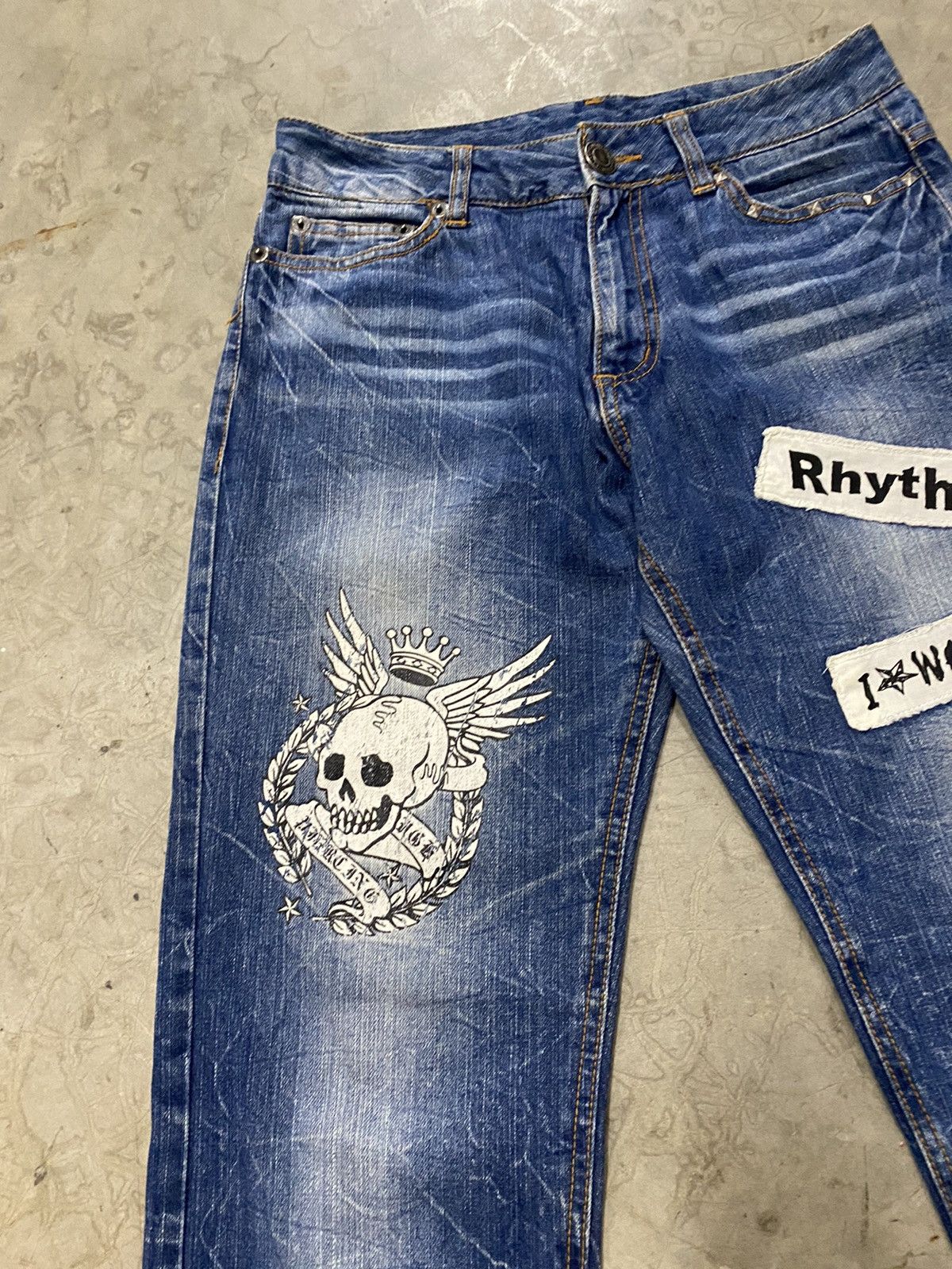 If Six Was Nine × Seditionaries Japanese Paint Skull Punk Patch Jeans Size US 30 / EU 46 - 4 Thumbnail