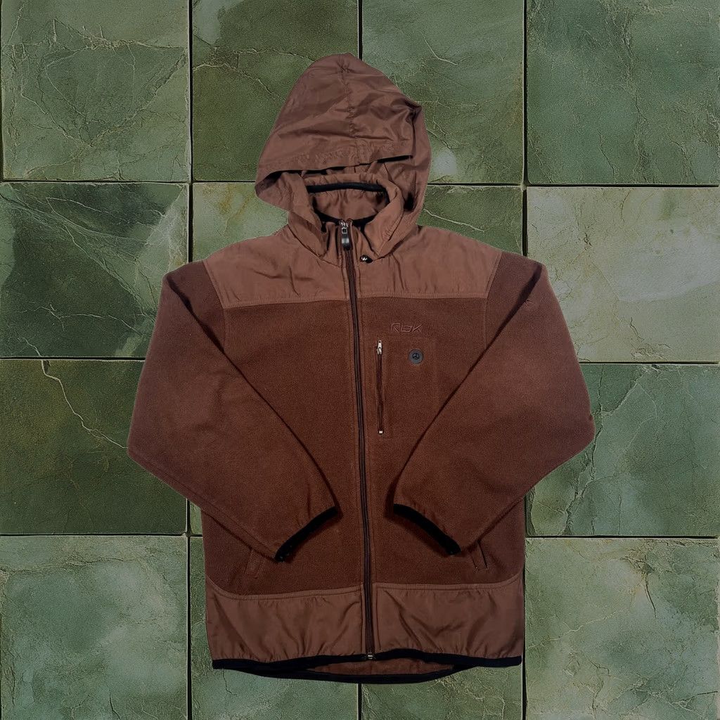 Reebok Rbk Jacket Medium Brown Hooded Full Zip Fleece Media Pocket Panels Mens, Men's