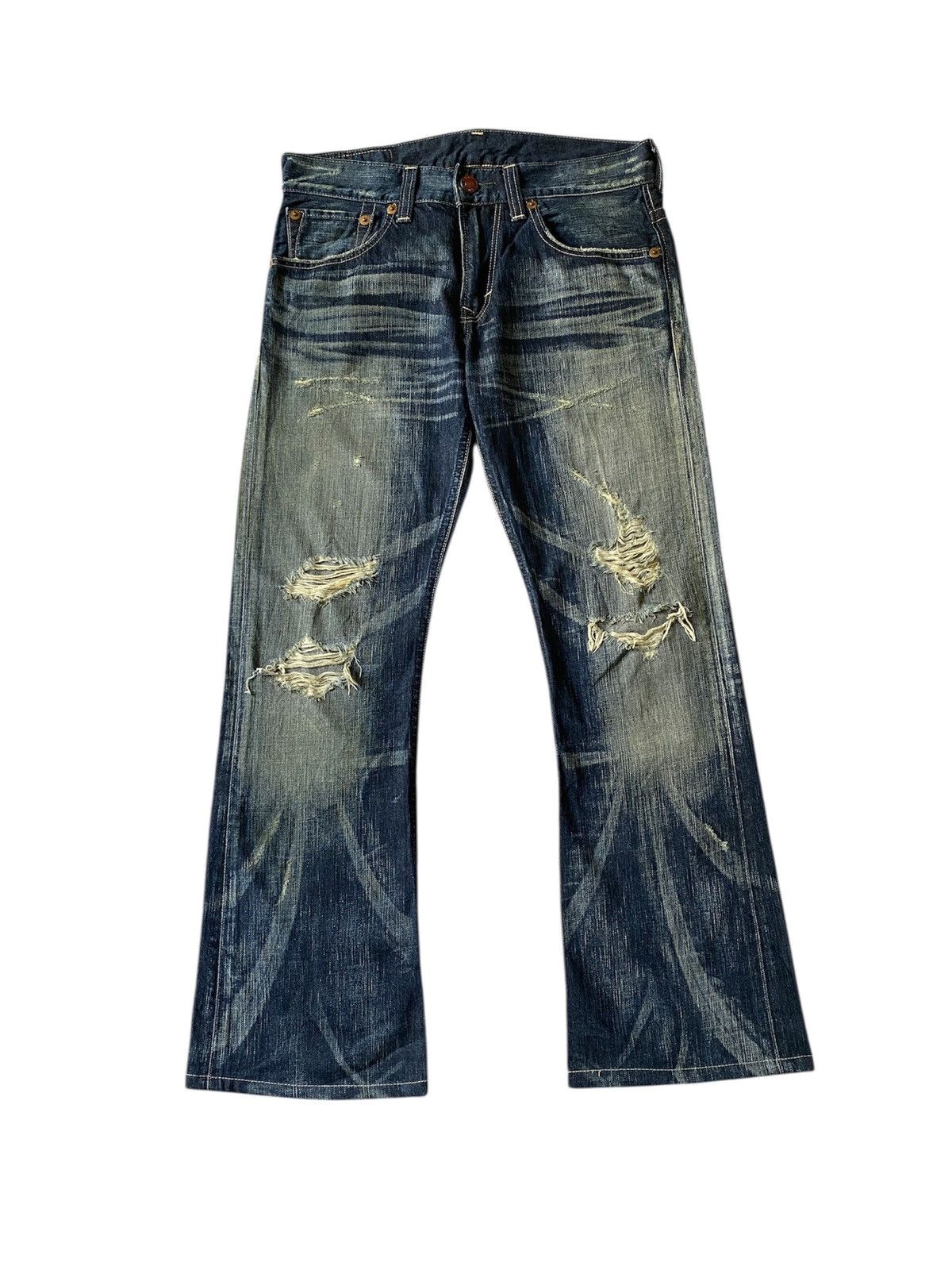Edwin 503 Blue Trip Claws Mark Distressed Flare Denim