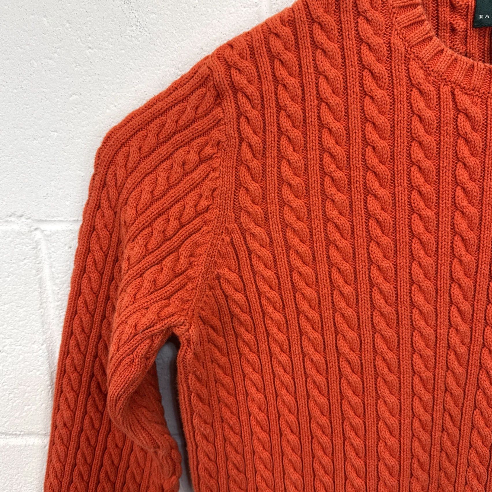 Ralph Lauren VINTAGE Lauren Ralph Lauren Sweater Womens XL Cable Knit Orange Crest Logo Crew Neck Long Sleeve Pullover 90s Preppy Classic Vintage All Seasons Women Size XL / US 12-14 / IT 48-50 - 4 Thumbnail