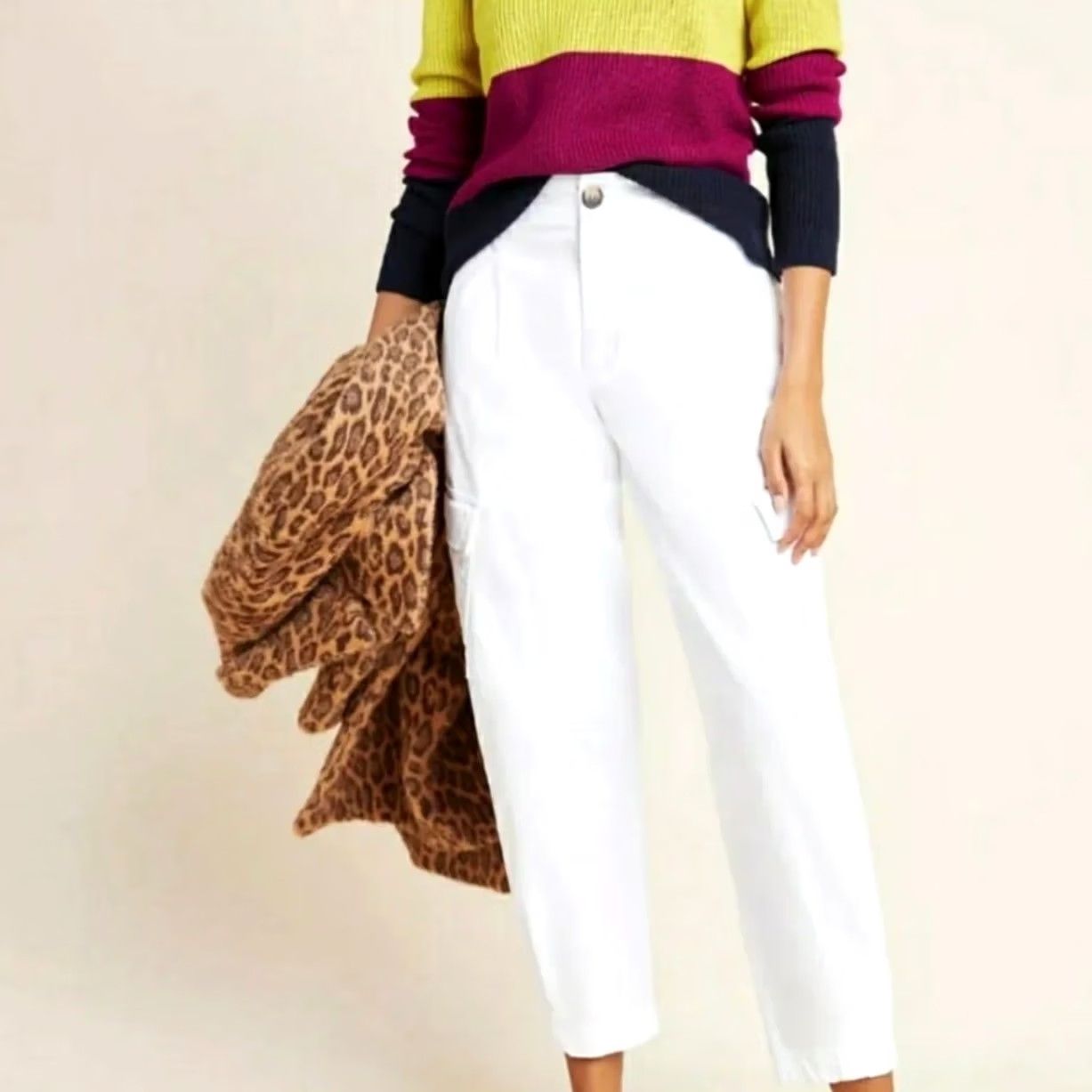 Anthropologie VINTAGE Amadi Women's White Cargo Pants Cropped Pleated Cotton Blend Sz M Size 32" / US 10 / IT 46 - 2 Thumbnail