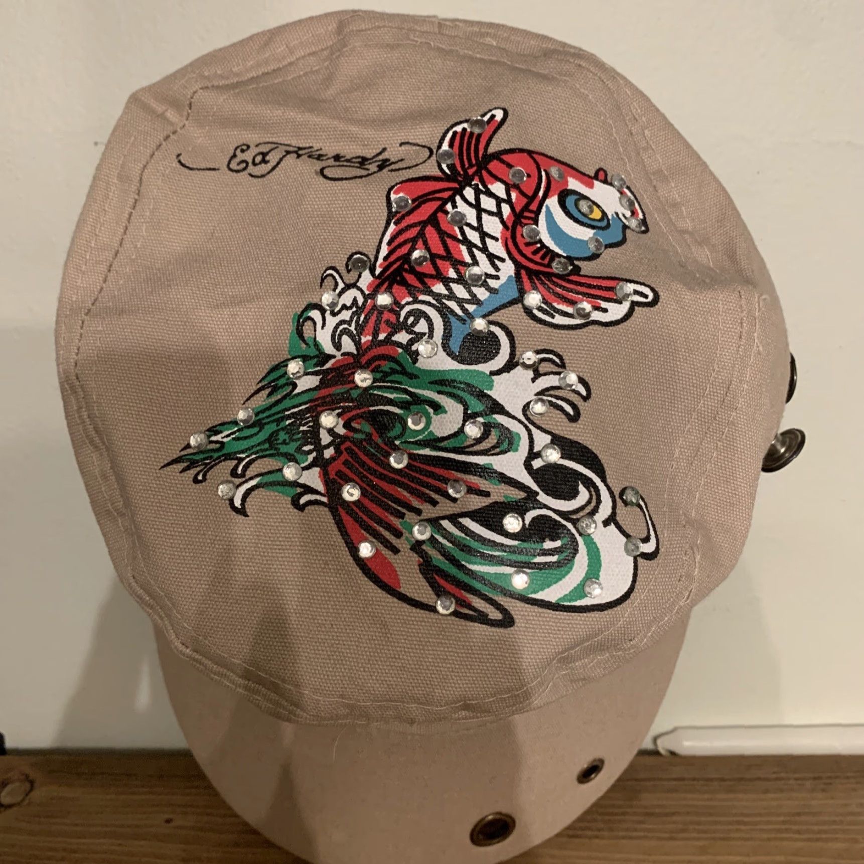 Ed Hardy VINTAGE Ed Hardy Spellout Military Hat - Y2K Fish Graffiti Rivets Canvas Black One Size Men Size ONE SIZE - 7 Thumbnail