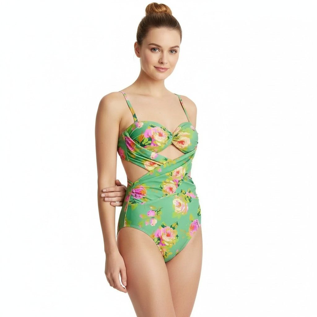 J.Crew J.Crew Green Floral Crisscross Cutout One-Piece Swimsuit,US0 Size ONE SIZE - 5 Thumbnail