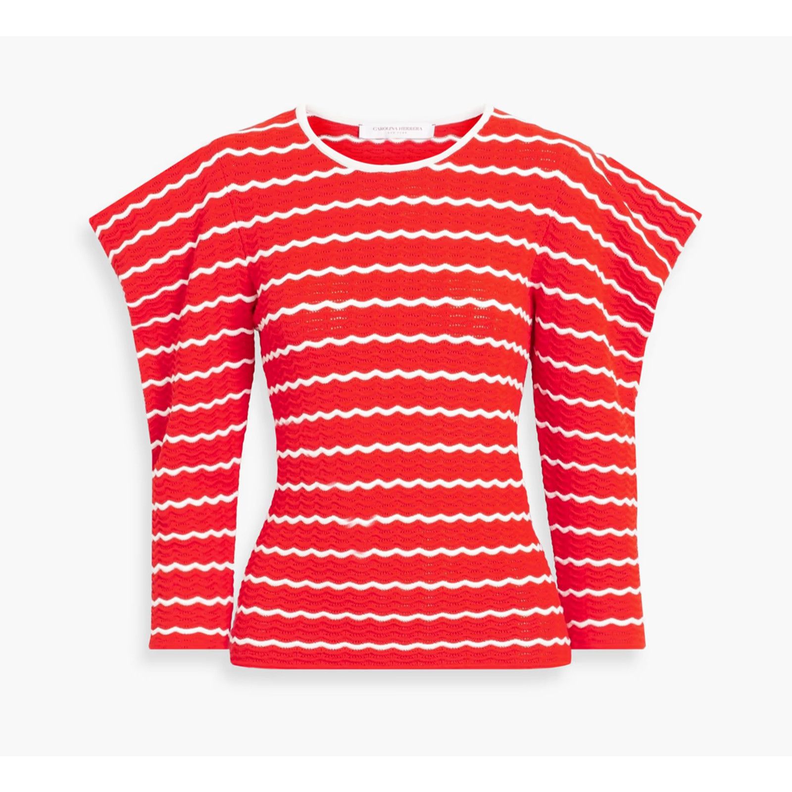 Carolina Herrera CAROLINA HERRERA Ruffled Striped Pointelle Knit Top Sweater Size S / US 4 / IT 40 - 1 Thumbnail