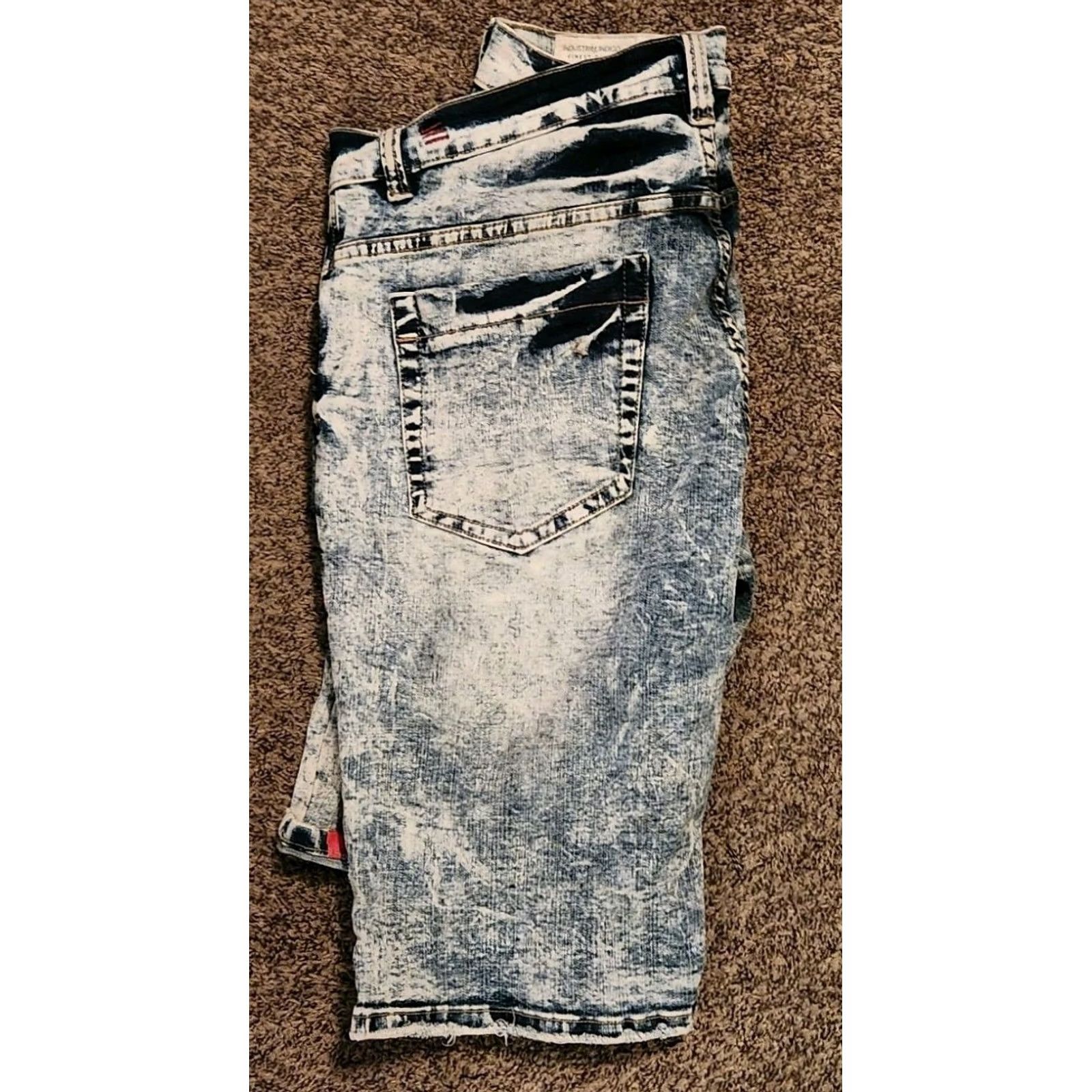 Vintage Industrial Indigo Jeans Shorts Mens Blue Stonewashed Distressed Painted 38 Slim Regular 5-Pocket Denim Cotton Spandex USA Grunge Retro USA メンズ Size US 38 / EU 54 - 2 Thumbnail