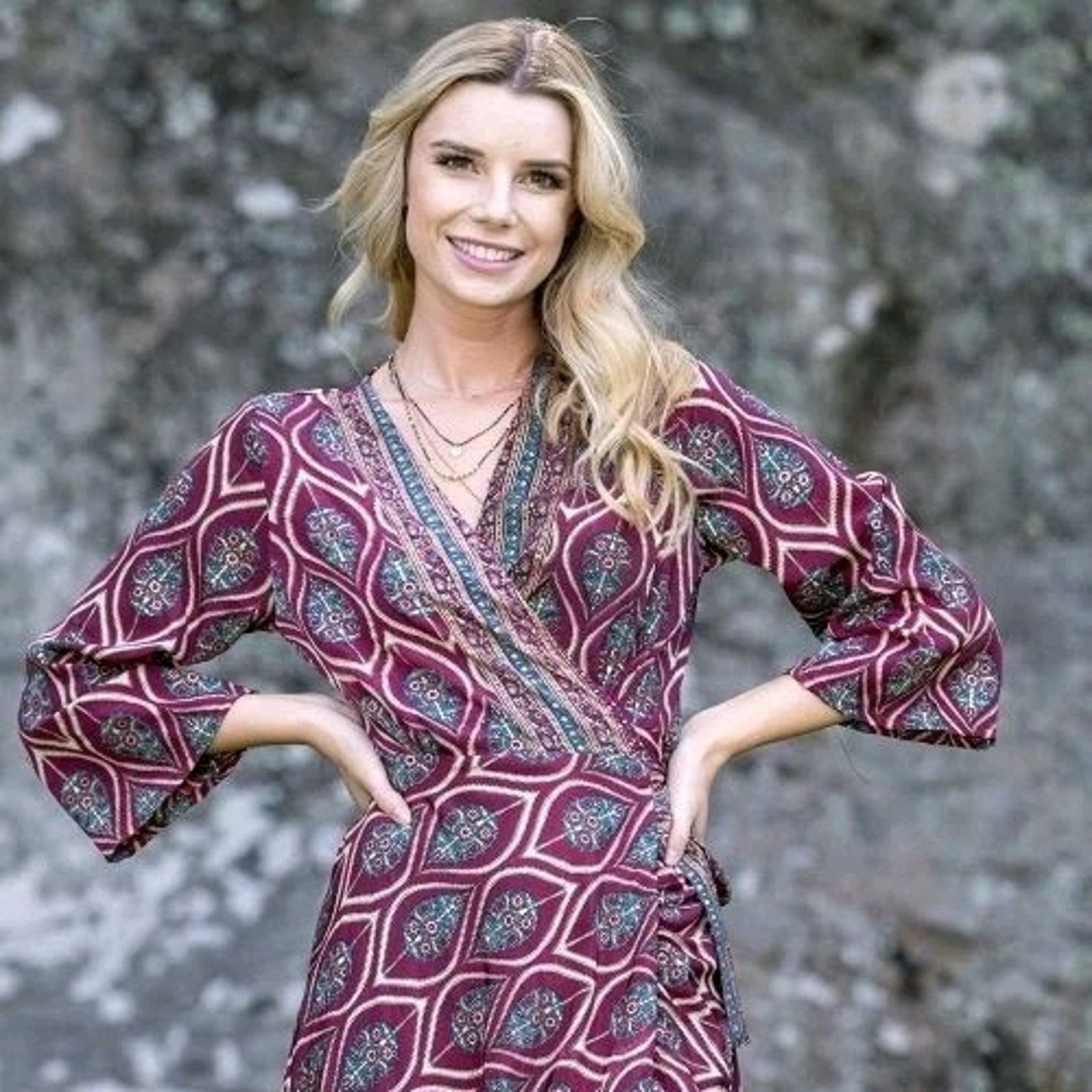 Other Cienna NOEL Wrap Wine With Gold Leaf Print Ruffle Beautiful Size S / US 4 / IT 40 - 1 Thumbnail