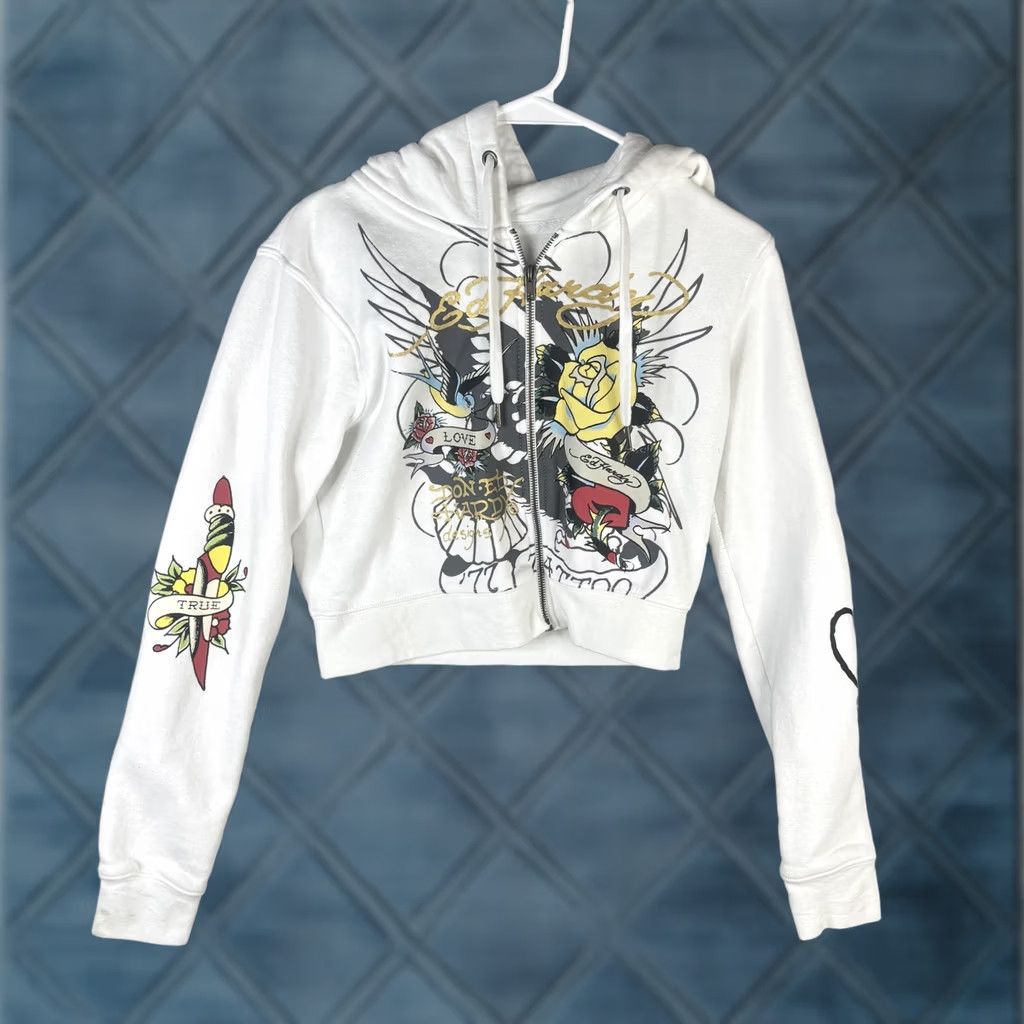 Ed Hardy Ed Hardy Hoodie Womens L White Full Zip Cropped Tattoo Eagle Graphic Fleece Size L / US 10 / IT 46 - 1 Thumbnail