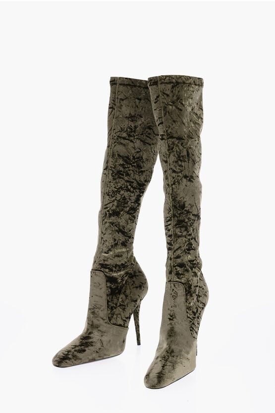 Pointed Velour Knee-Lenght Boots in green