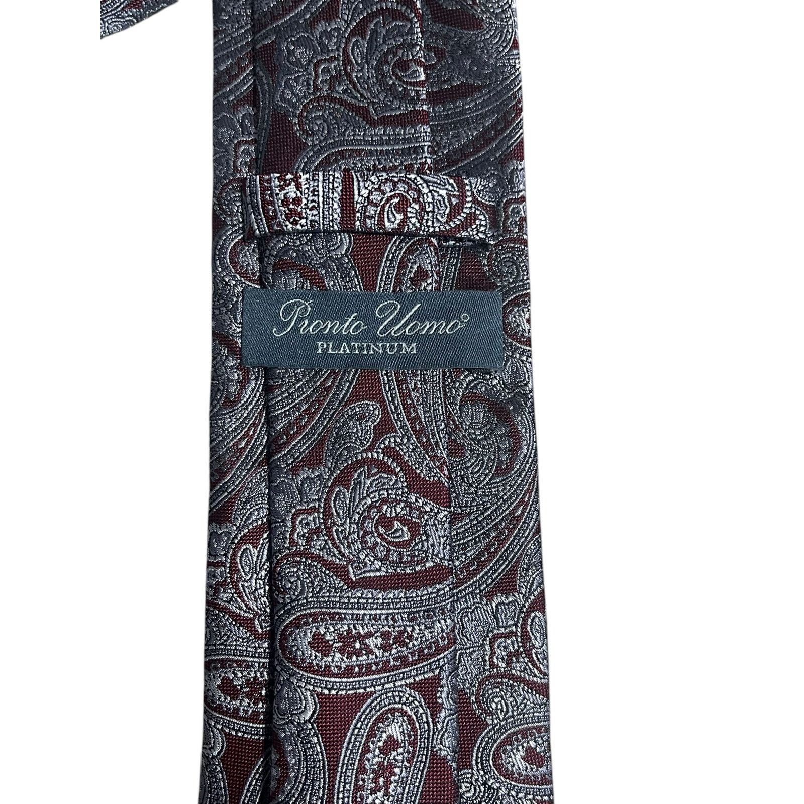 Pronto Uomo Pronto Uomo Platinum Maroon Silver Presley Silk Tie Size ONE SIZE - 4 Thumbnail