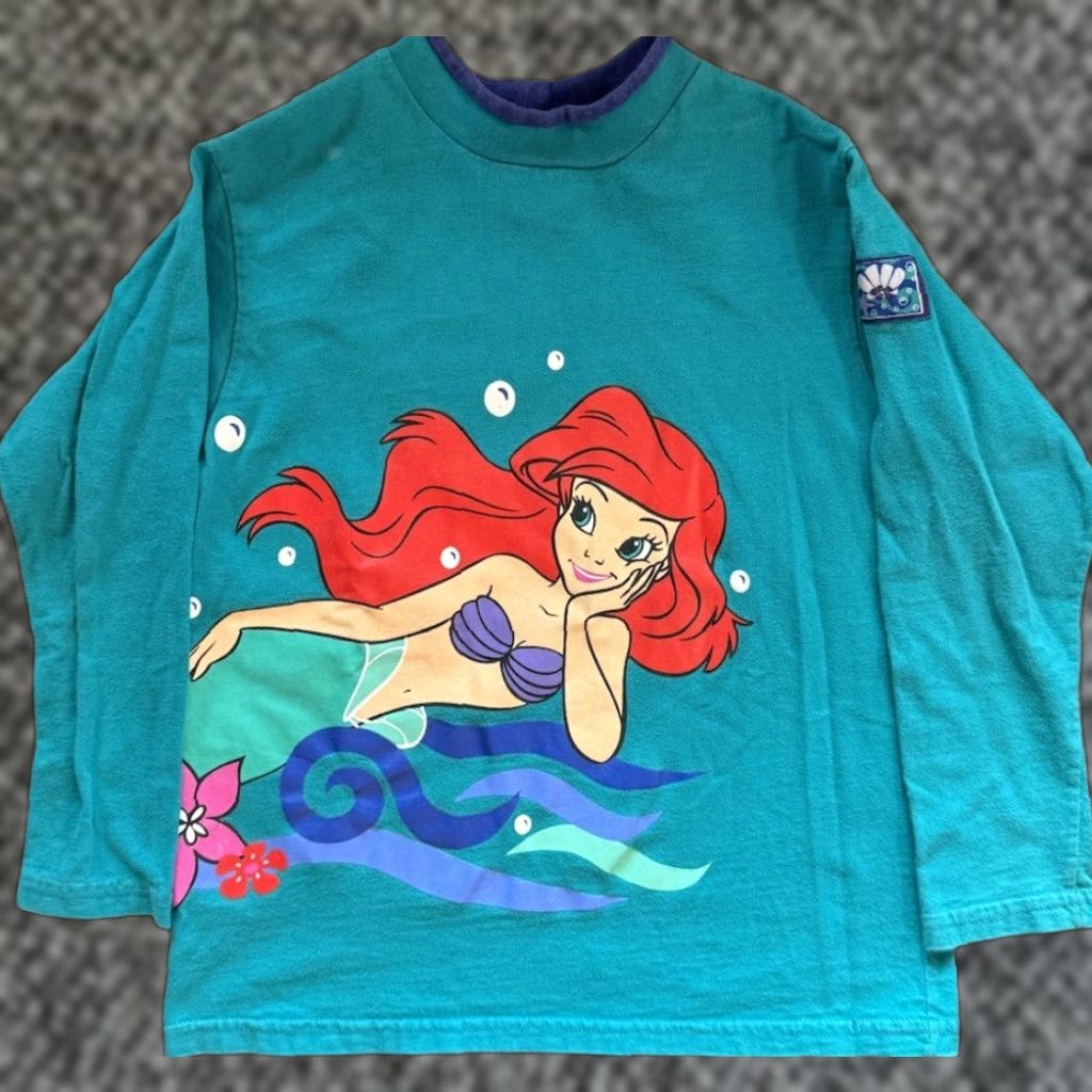 Disney VINTAGE Disney The Little Mermaid Long Sleeve Wrap Around T Shirt Girls 7-8 1990s Teal Cotton Blend Sportswear/Beach Size US M / EU 48-50 / 2 - 1 Thumbnail