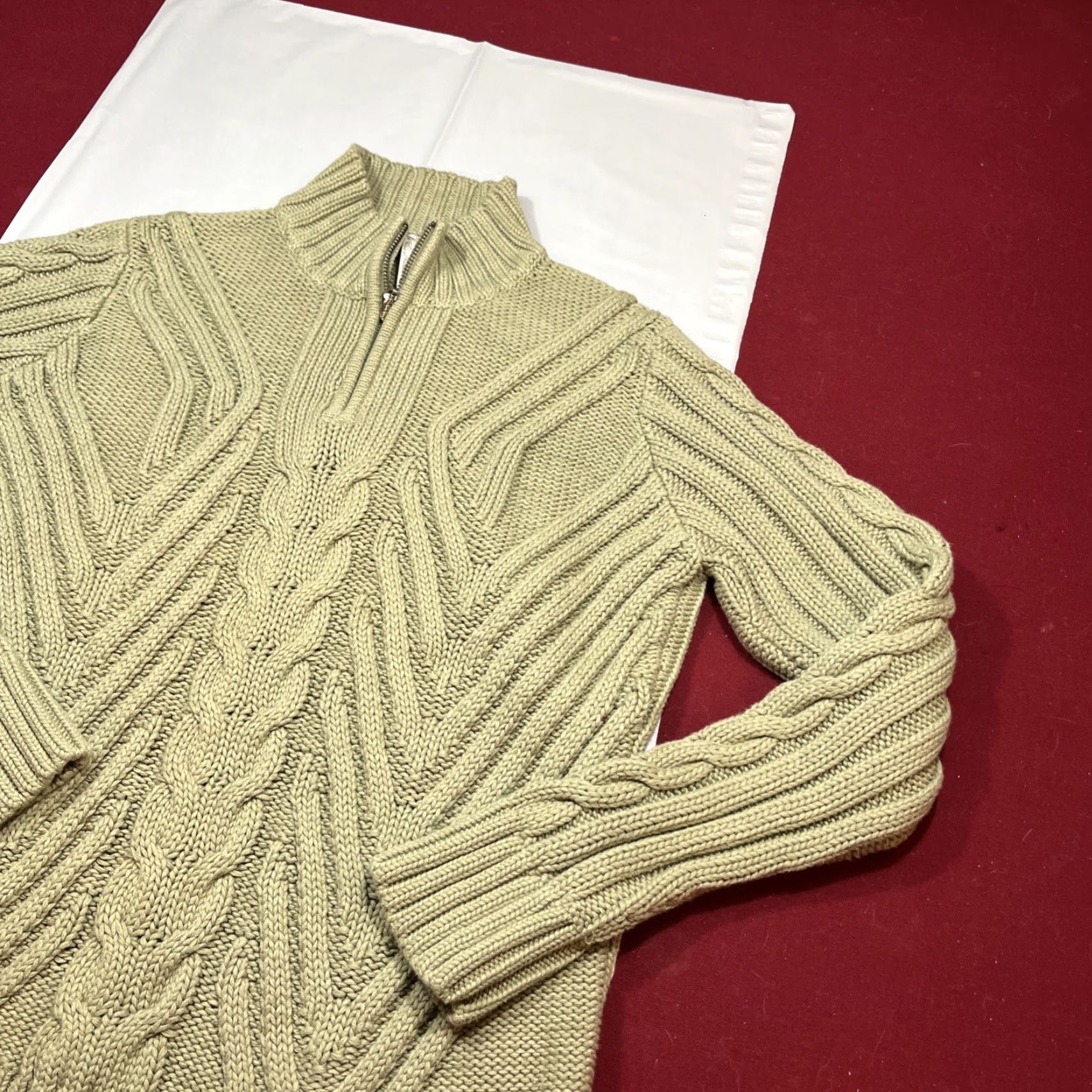 Vintage Leo Nicole Green Cable Knit Cardigan Sweater 1/4 Zip Mock Neck Cotton Large Women’s Long Sleeve Cardigan Size L / US 10 / IT 46 - 6 Thumbnail