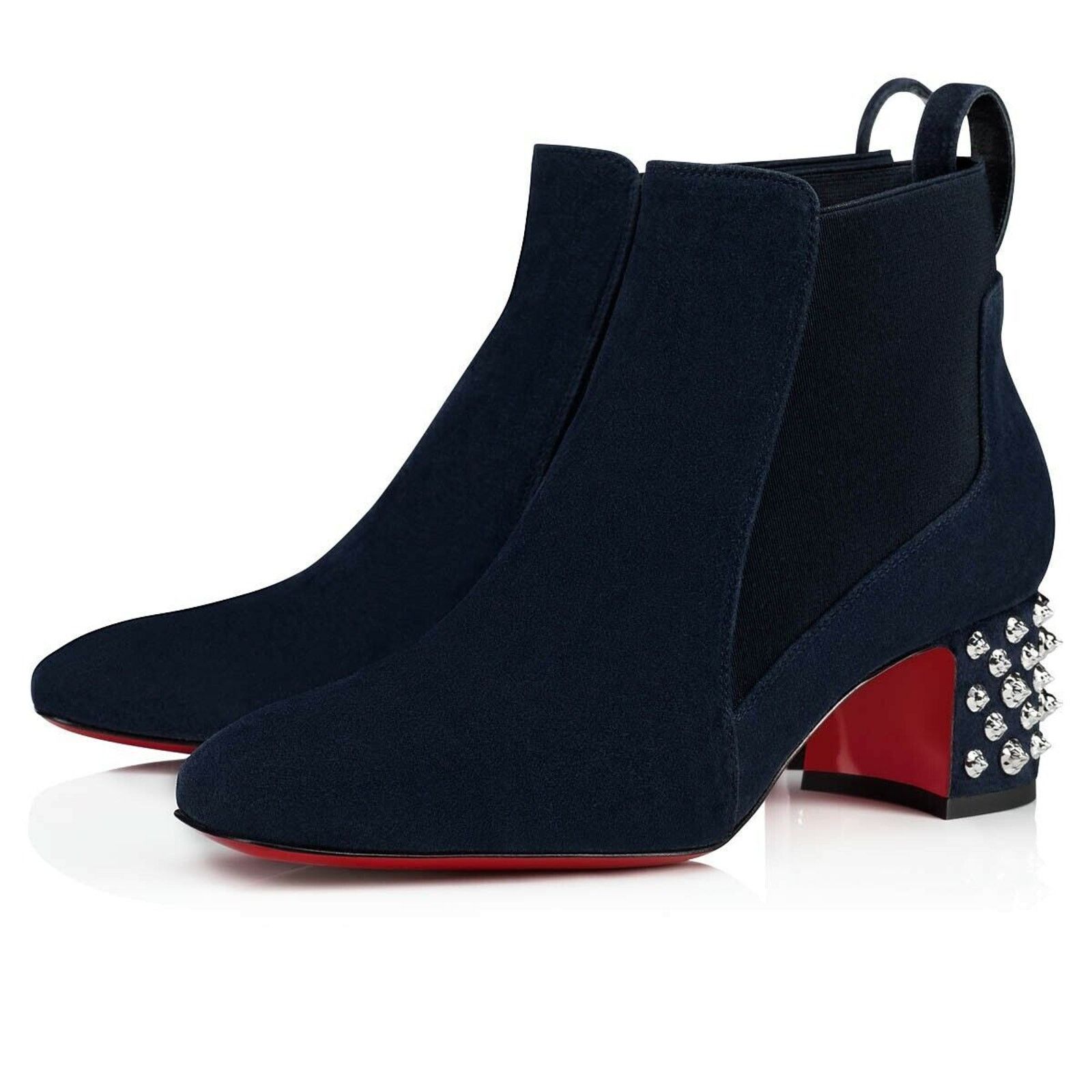 Christian Louboutin Study 55 Blue Suede Silver Spike Block Heel Ankle Boot 37 Size US 7 / IT 37 - 1 Thumbnail