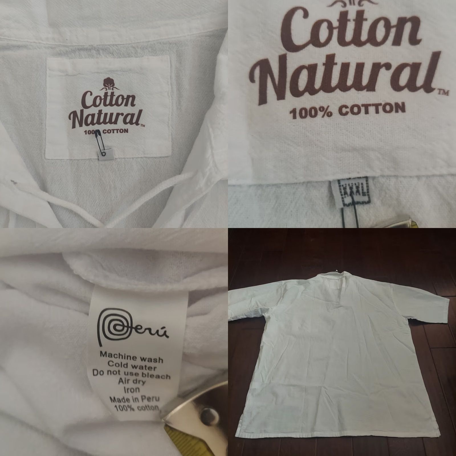 Vintage Cotton Natural Men's White Short Sleeve T-Shirt Front Pocket Drawstrings Beads 3XL Hawaiian Solid Shirt Mens Size US XXL / EU 58 / 5 - 9 Thumbnail