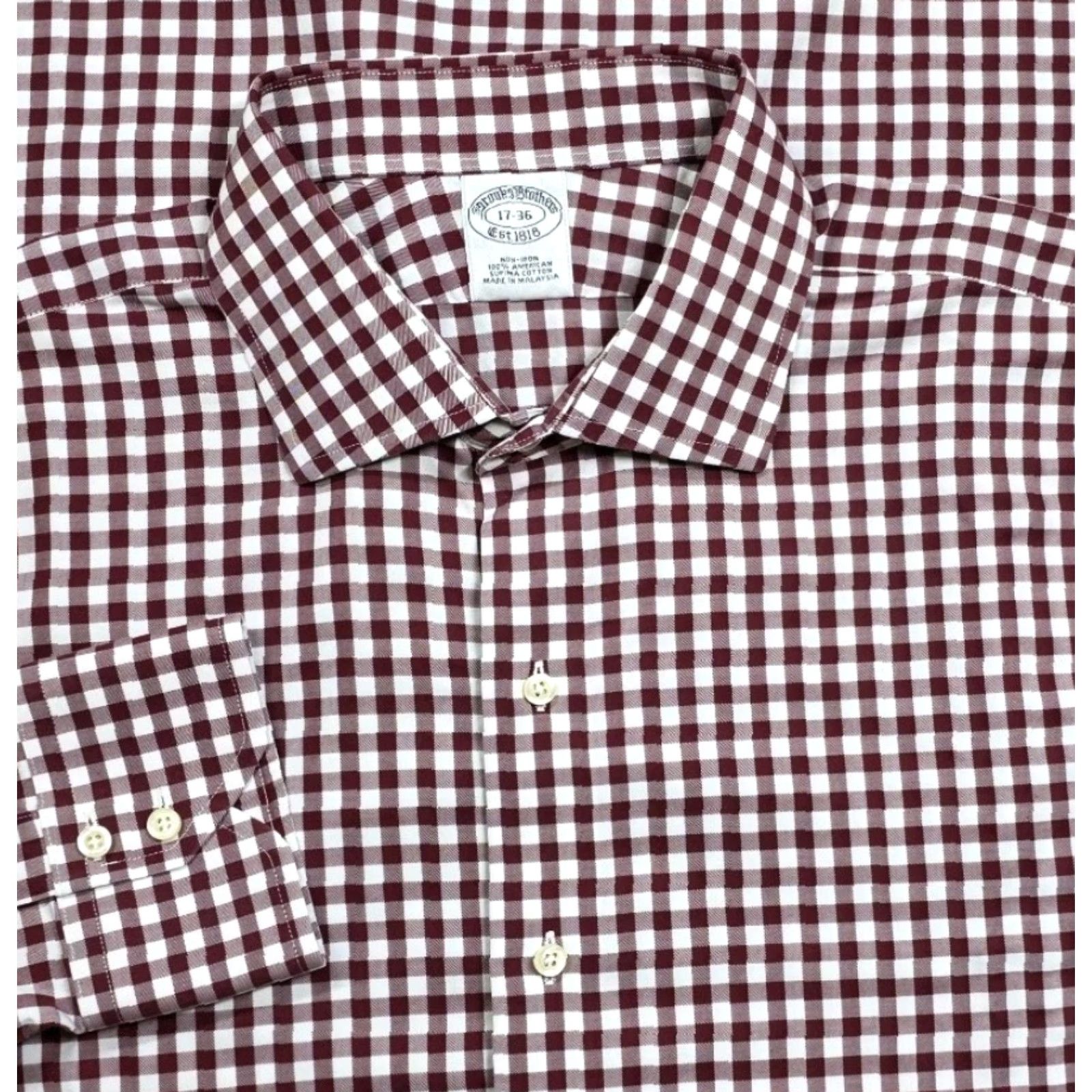 Brooks Brothers Brooks Brothers Dress Shirt Maroon White Long Sleeve - 17-36 Gingham Men Regular Button Up Shirt Size 46R - 2 Thumbnail