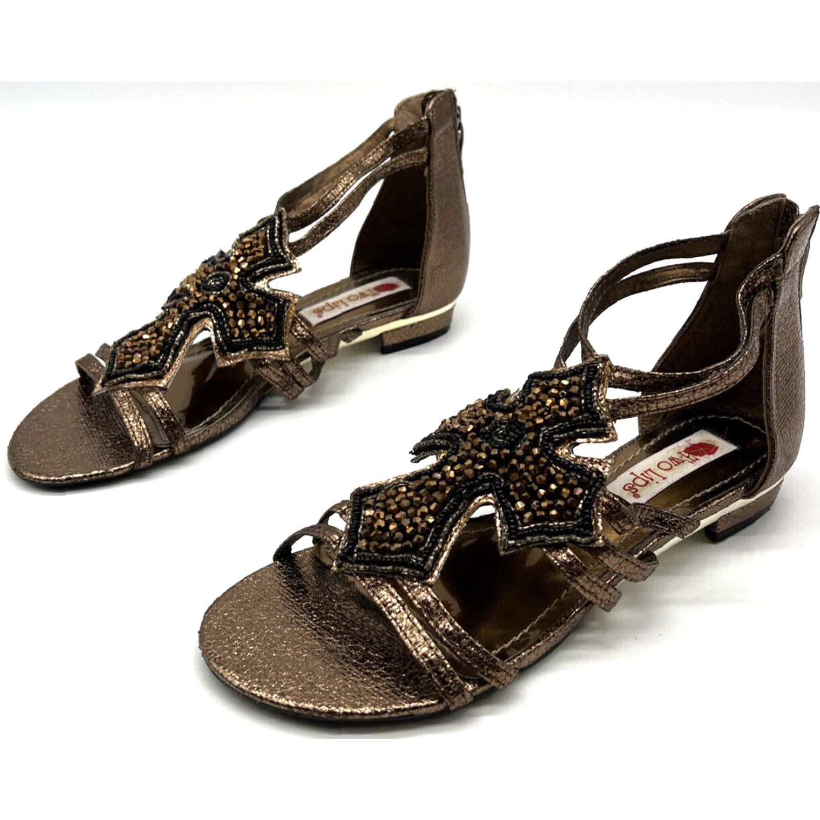 Vintage Two Lips Womens Flat Sandals Open Toe Rhinestone Cross Bronze 7.5 Women Shoes Size US 8 / IT 38 - 2 Thumbnail