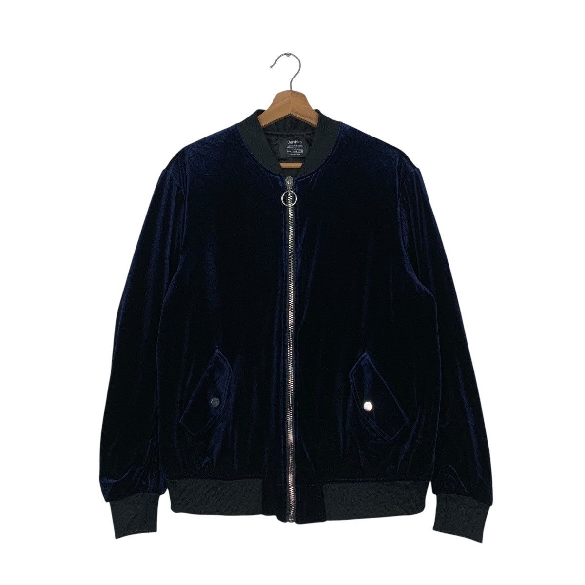 Bershka BERSHKA Dark Blue Velvet Bomber Jacket #2802-C126 Size US M / EU 48-50 / 2 - 1 Thumbnail