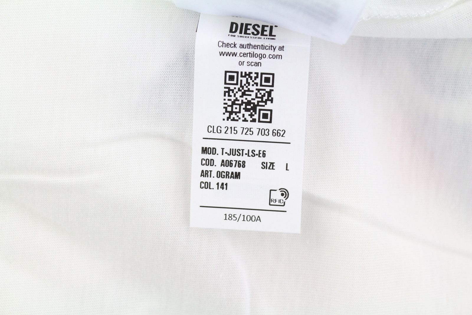 Diesel T-JUST-LS-E6 L White Crew Logo T-Shirt 41152 Size US L / EU 52-54 / 3 - 11 Thumbnail