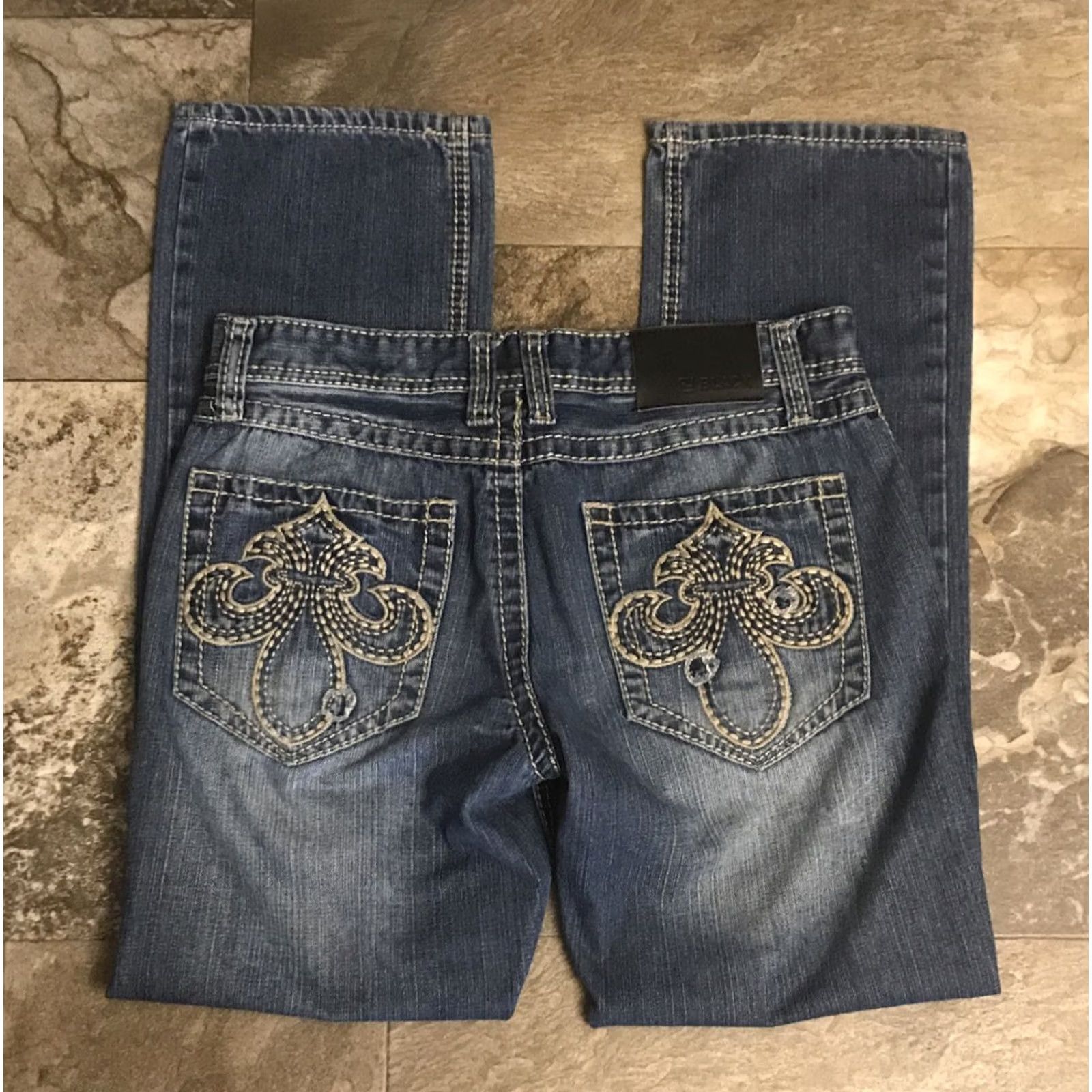 Vintage CJ Black Mens 33x32 Slim Straight Blue Jeans Low Rise Distressed Thick Stitch Size US 33 - 2 Thumbnail