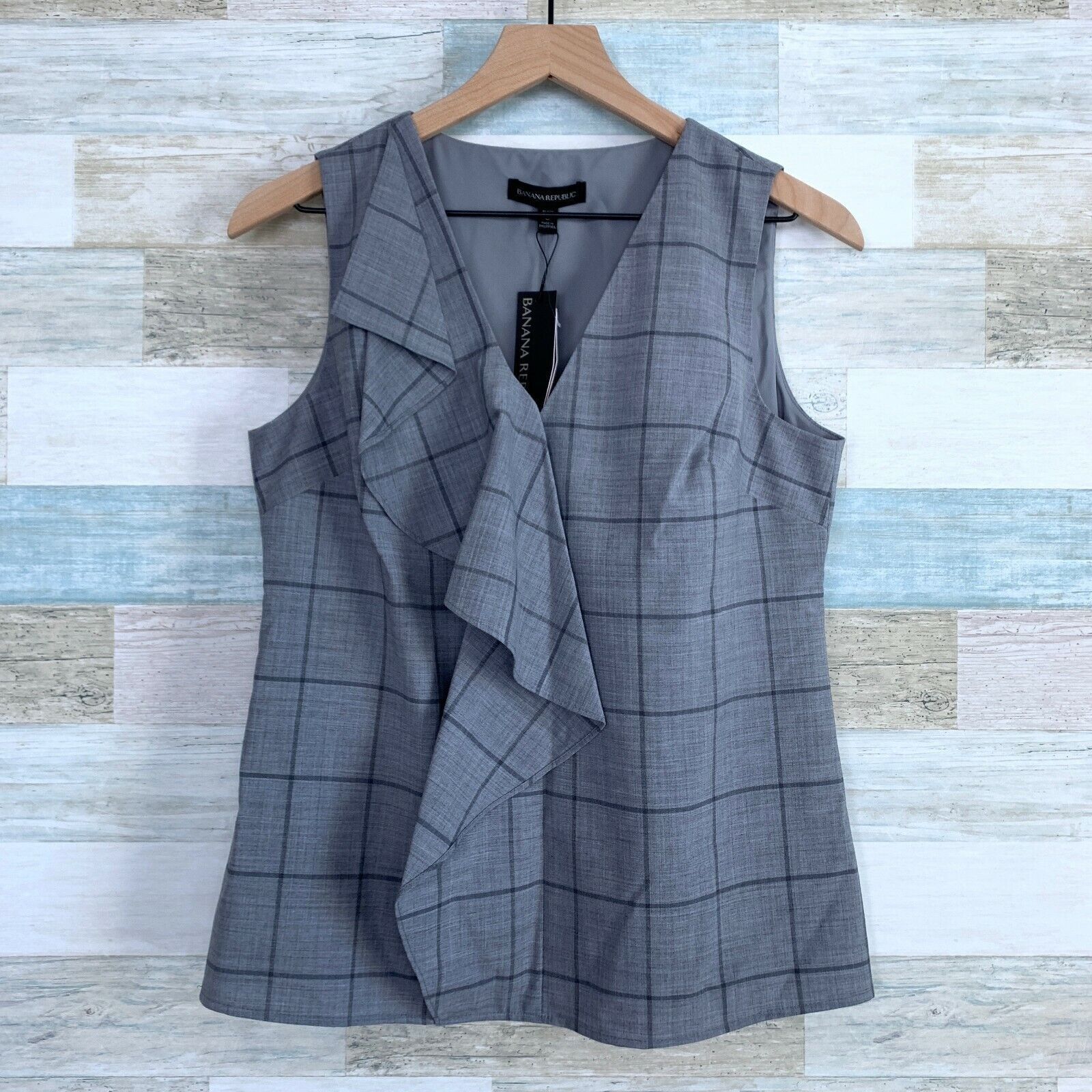 Banana Republic Banana Republic Wool Cascade Ruffle Top Gray Windowpane SP Size S / US 4 / IT 40 - 2 Thumbnail