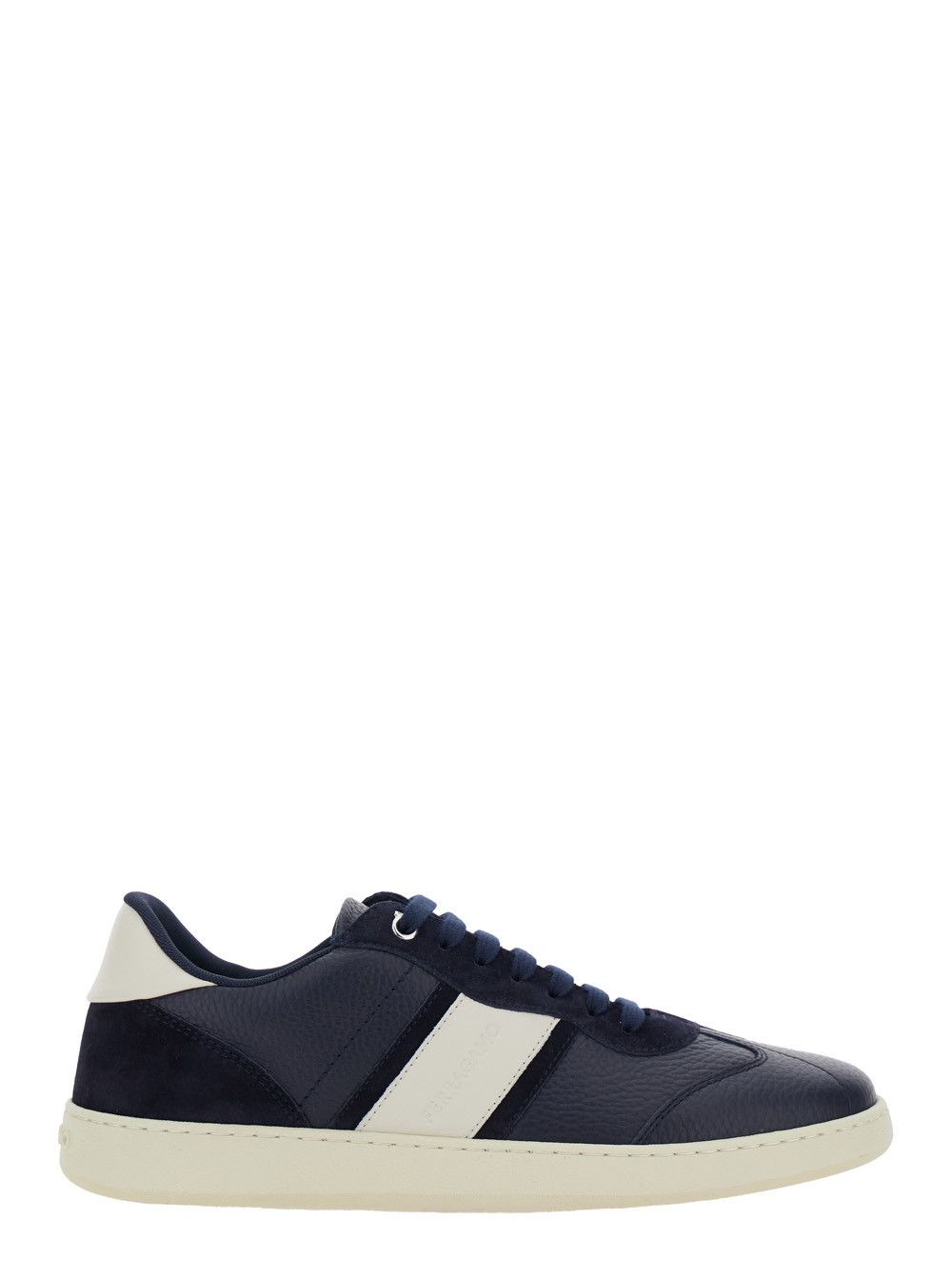 Salvatore Ferragamo Blue 'Achille' Low Top Sneakers with Contrast Heel and Logo Lettering on the Tongue in Leather for Men Size US 9 / EU 42 - 1 Thumbnail