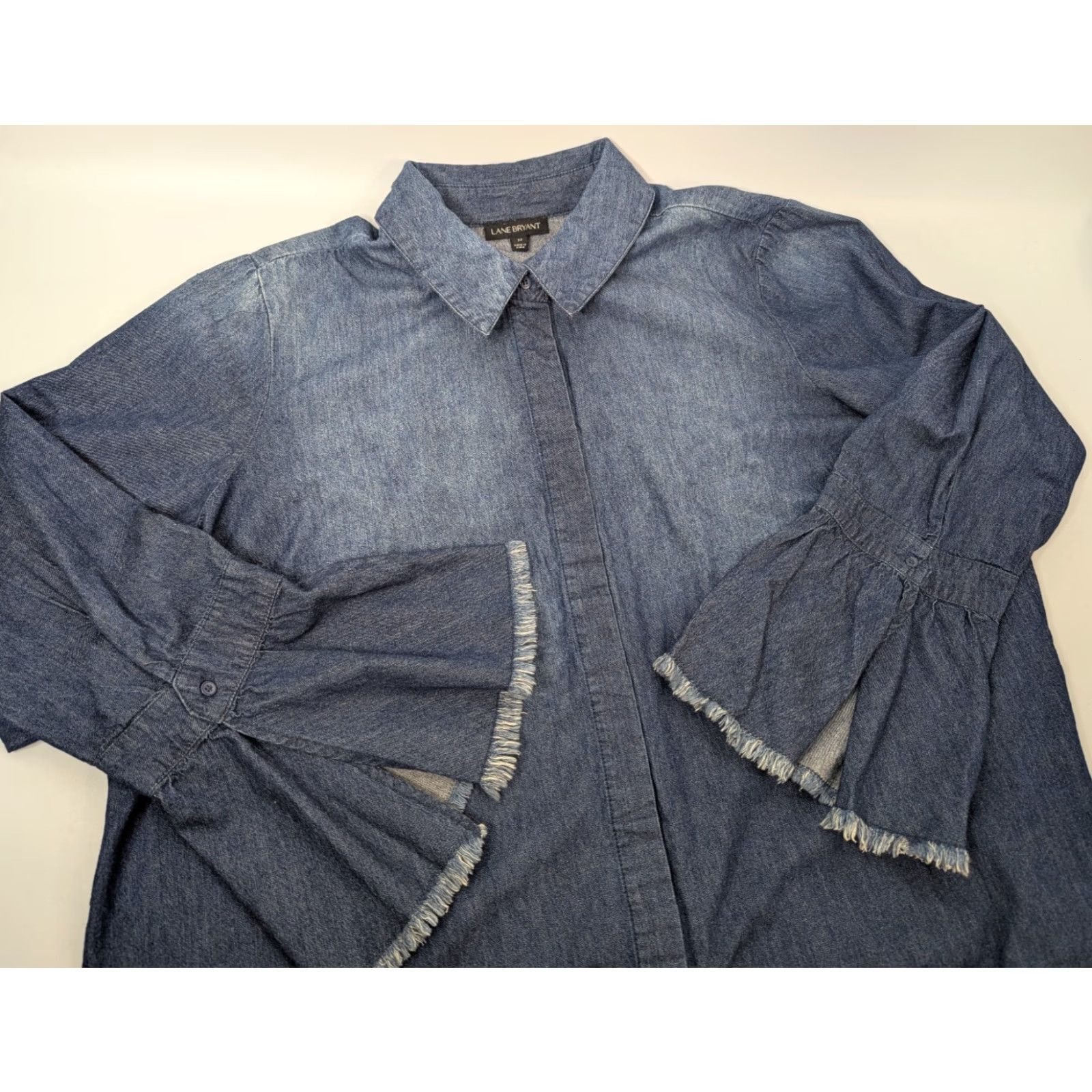 Vintage Lane Bryant Shirt Womens Plus Size 22 Chambray Button-Up Long Bell Sleeve Frayed Blue 22 Mens Ladies? Size 3XL / US 20-22 - 2 Thumbnail