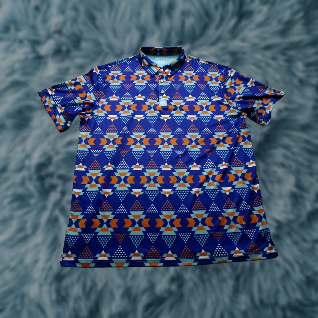 Vintage Pins & Aces Golf Polo Shirt Mens 2XL Blue Geometric Aztec Performance Stretch Size US XXL / EU 58 / 5 - 1 Thumbnail