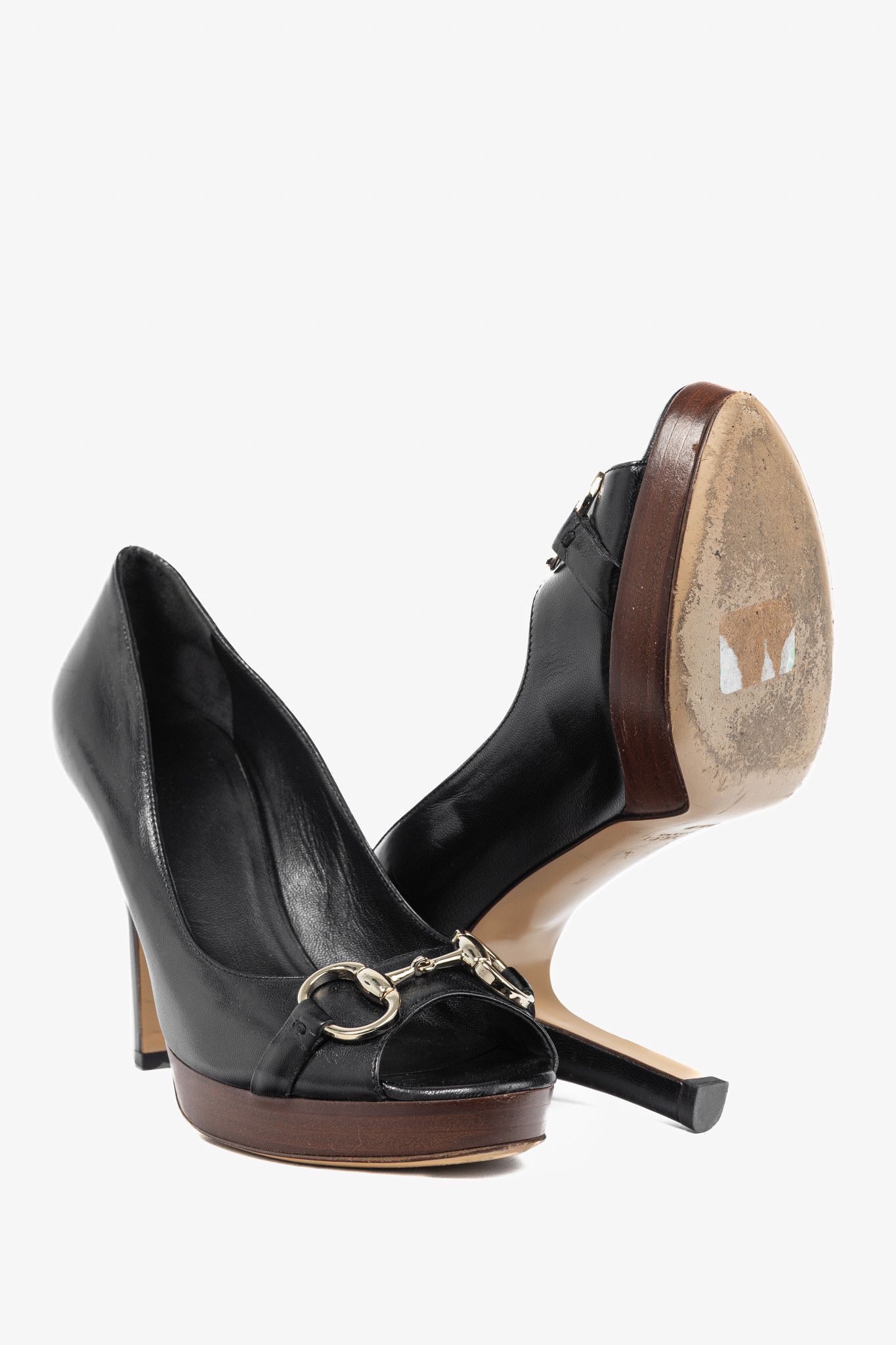 Gucci Gucci Black Leather Horsebit Peep-Toe Platform Pumps Size US 8.5 / IT 38.5 - 4 Thumbnail